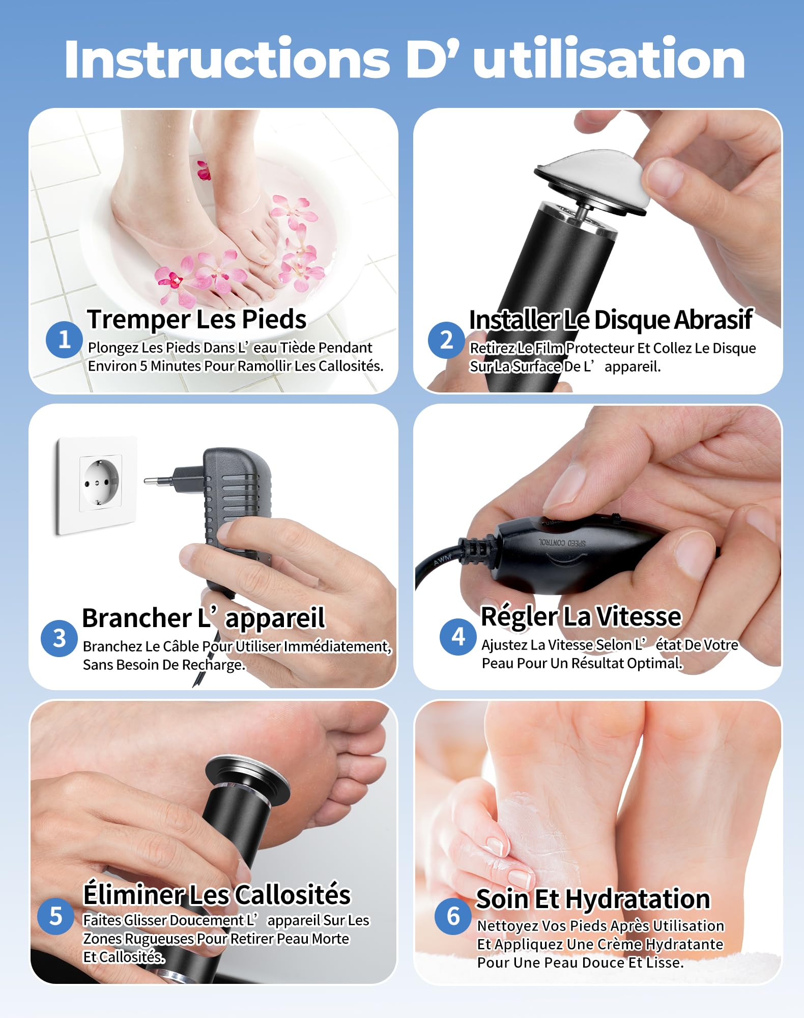 Honey Glow Pied, Râpeuse Pieds Électrique Professionnelle 60 Disques Abrasifs Inclus, Ponceuse Pieds Plug & Play Sans Recharge, Outil De Pédicure Pour Femme & Homme (Noir)