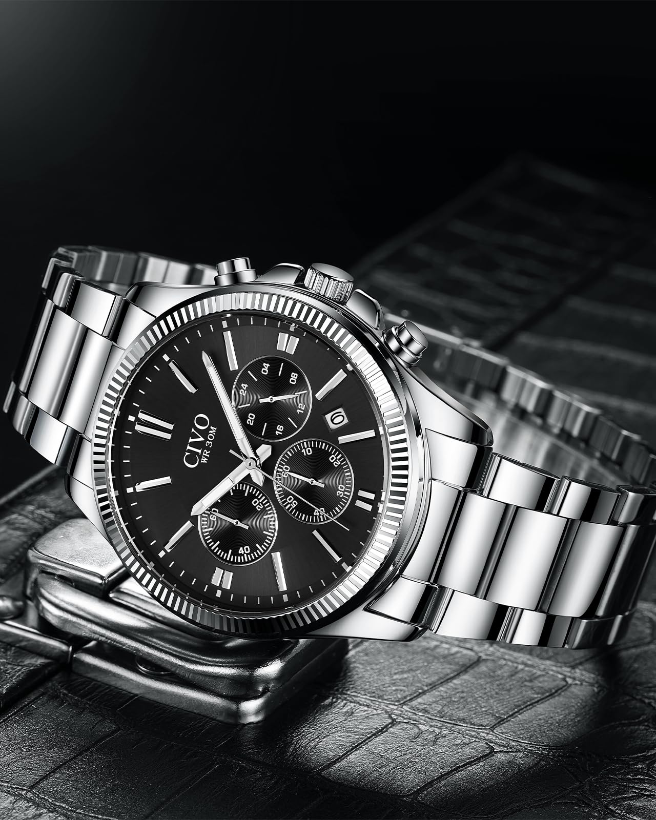 CIVO Montre Homme Chronographe Acier: Etanche Analogique Grand Cadran Date | Montre Bracelet avec Aiguilles Lumineuses pour le Quotidien Casual Affaires - Cadeau pour Lui Père Mari Noël Anniversaire