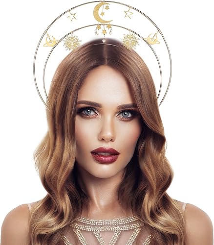 Gold Halo Crown Headband Virgin Mary Headpiece Wedding Goddess Tiara Celestial Hair Accessory
