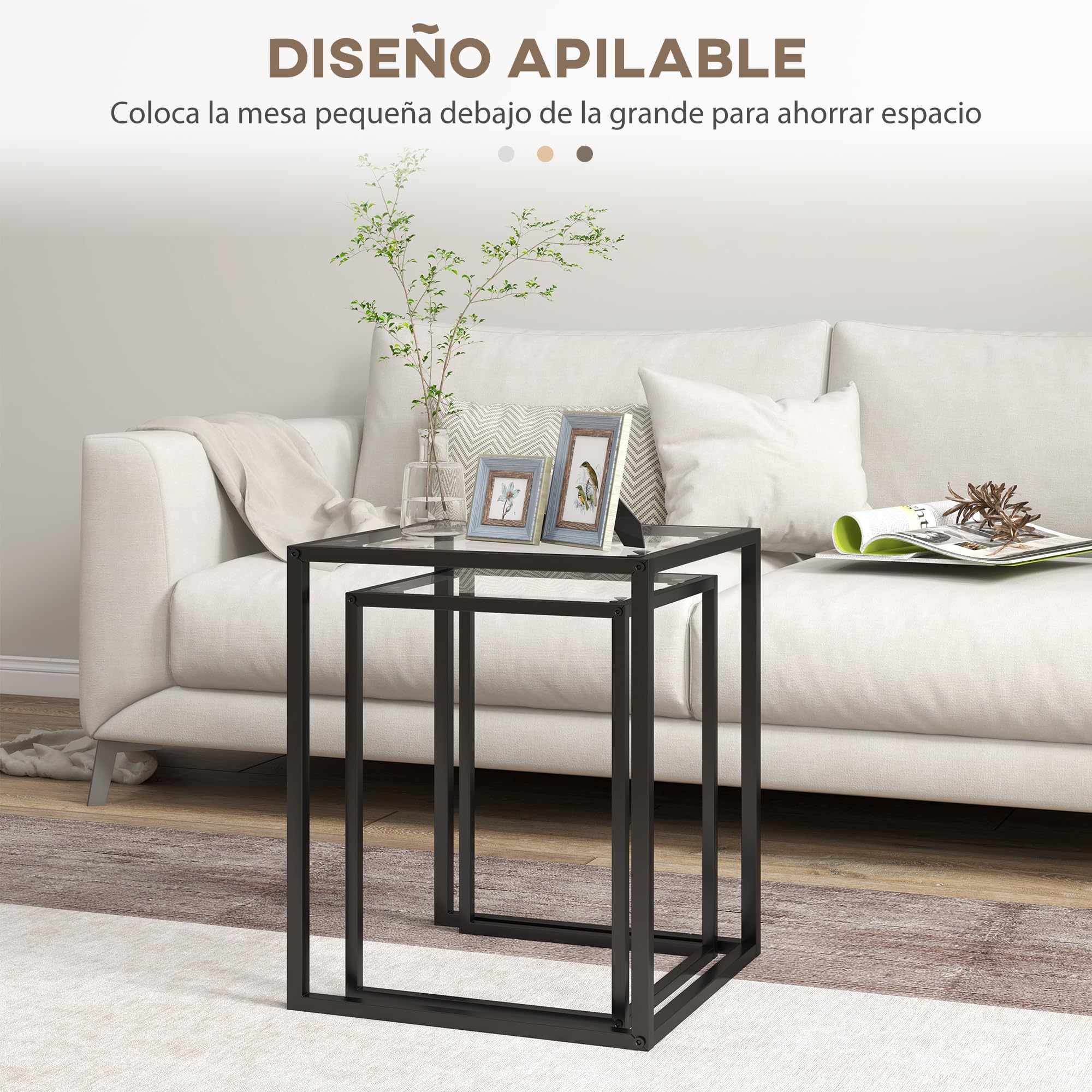 HOMCOM Conjunto de 2 Mesas Auxiliares Cuadradas Juego de Mesas de Centro Apilables con Encimera de Vidrio Templado y Marco de Acero para Salón 33x33x45,5 cm y 42x42x51 cm Negro
