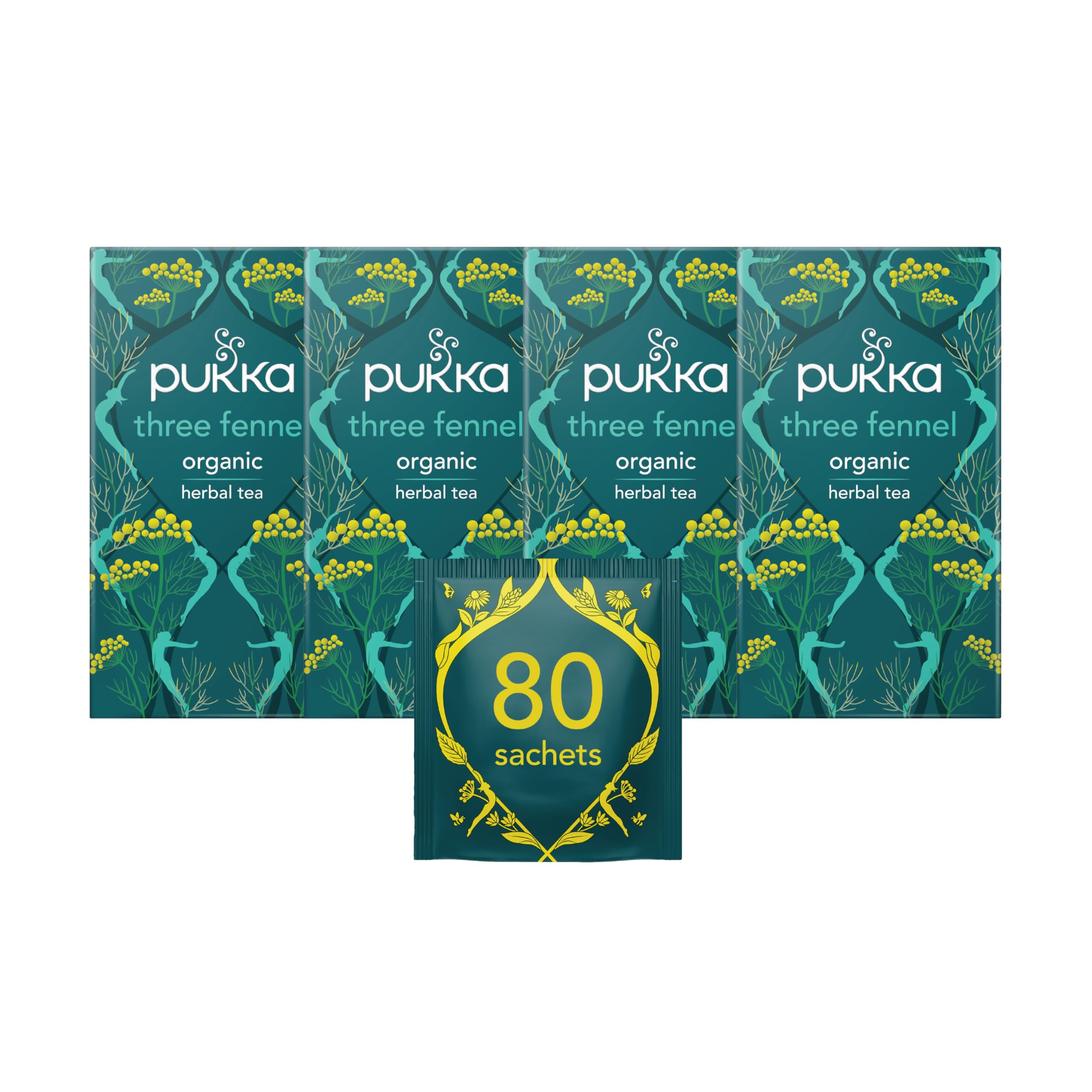 Pukka Herbs | Three Fennel Organic Herbal Tea Box | Sweet & Wild Fennel Seeds & Leaf | Ideal For Digestion | Caffeine Free | 4 Packs | 80 Plant Based Biodegradable Tea Bags