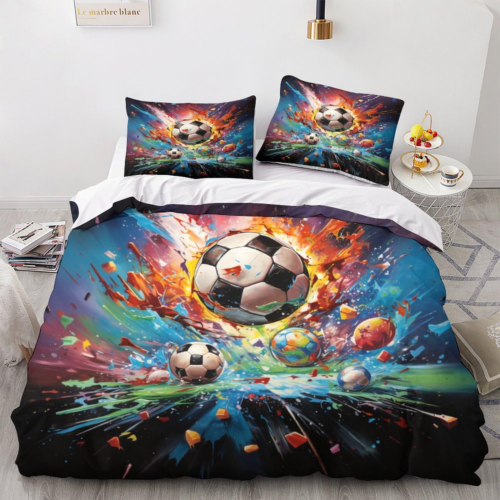 Housse de couette football 200x200 parure lit 3 pièces pour chambre enfant et ado