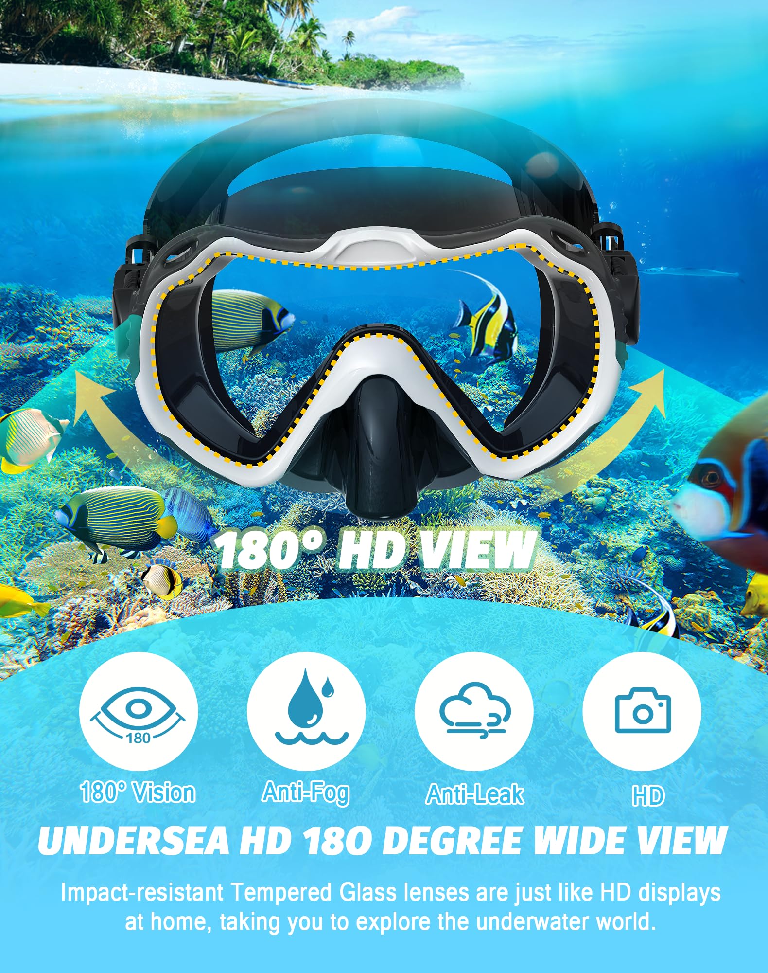 Sprzęt do nurkowania dla dorosłych, zestaw masek do snorkelingu 180°, panoramiczny widok sprzęt do nurkowania, 100% silikon klasy spożywczej, przeciwmgielna, przeciw wyciekom, sucha maska do