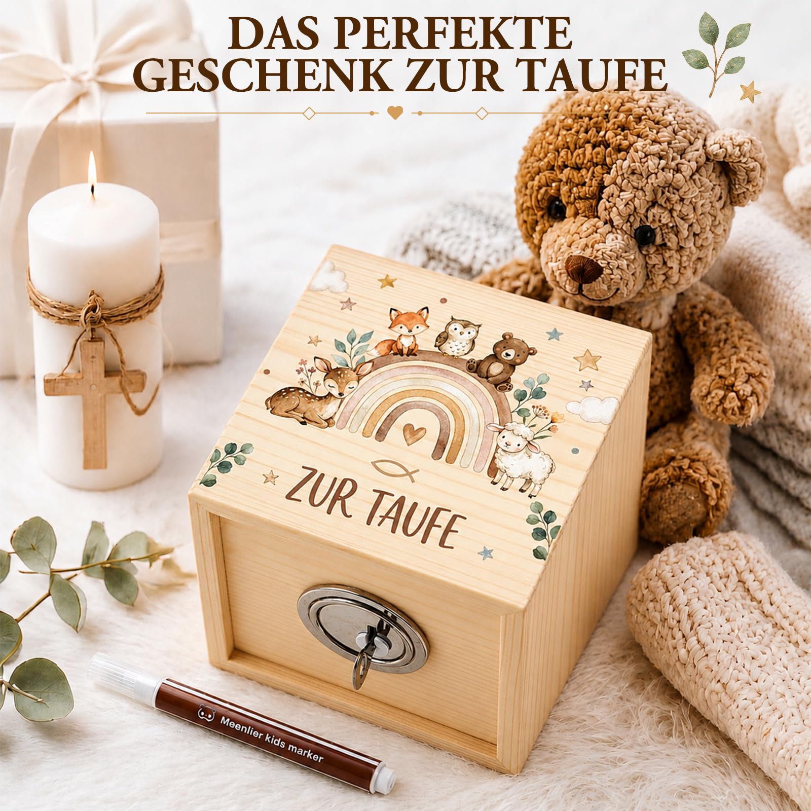 Jadive Spardose Holz mit Schlüssel und Marker 10 x 10 cm Holzspardose Personalisiert Taufgeschenk für Mädchen/Jungen Taufspardose zur Geburt Einschulung