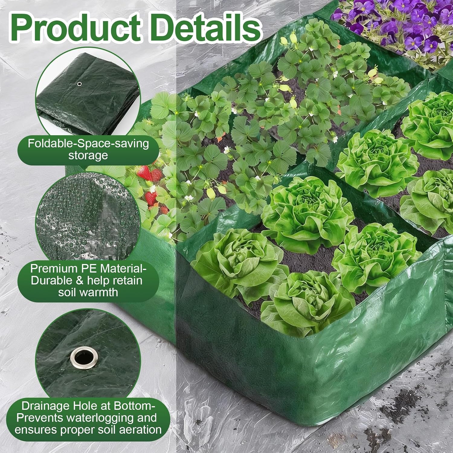 3 Pack Plastic Raised Garden Bed, 4 Grids Square Grow Bags PE Vegetable Planter Bags for Vegetables Durable Planter Box with Drainage Hole Rectangle Container Gardening for Herbs, Flowers