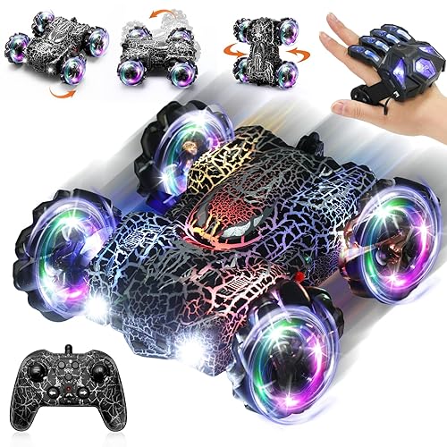 Hand Controlled Remote Control Car, 2.4Ghz Gesture Sensing RC Stunt Car with Wholebody Light & Headlight, Rechargeable 360° Rotating Double Sided RC Cars Black Spider Toys for Boys 4-6 5-7 8-12