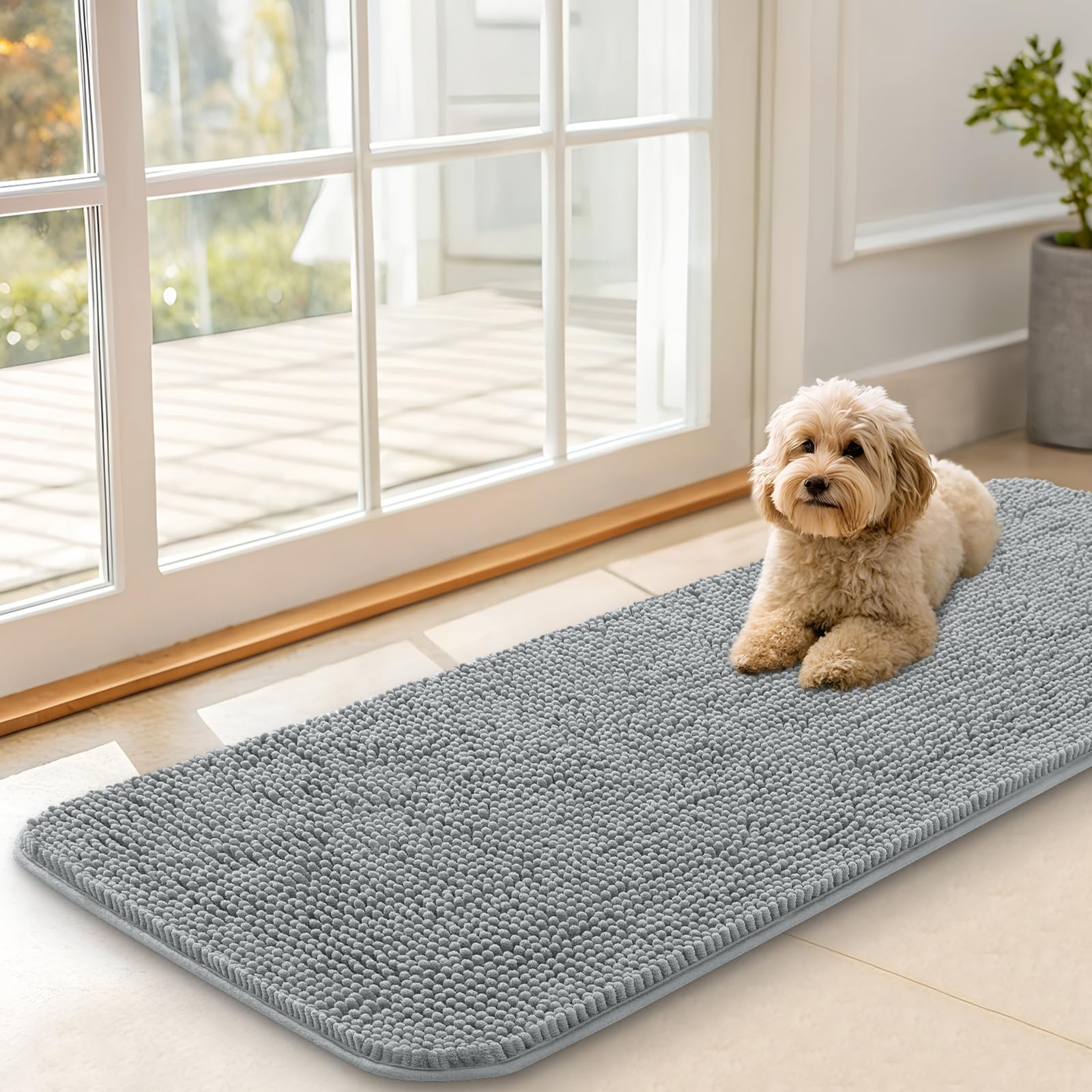 OLANLY Dog Door Mat for Muddy Paws 47x17, Absorbs Moisture and Dirt, Absorbent Non-Slip Washable Doormat, Quick Dry Chenille Mud Mat for Dogs, Entry