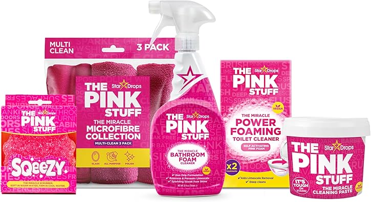 مجموعة تنظيف الحمام Stardrops - The Pink Stuff معجون تنظيف، رذاذ رغوة الحمام، مسحوق رغوة المرحاض، إسفنجة SQeeZY و3 قطع قماش من الألياف الدقيقة مقاومة للبقع والشحوم وبقايا الصابون