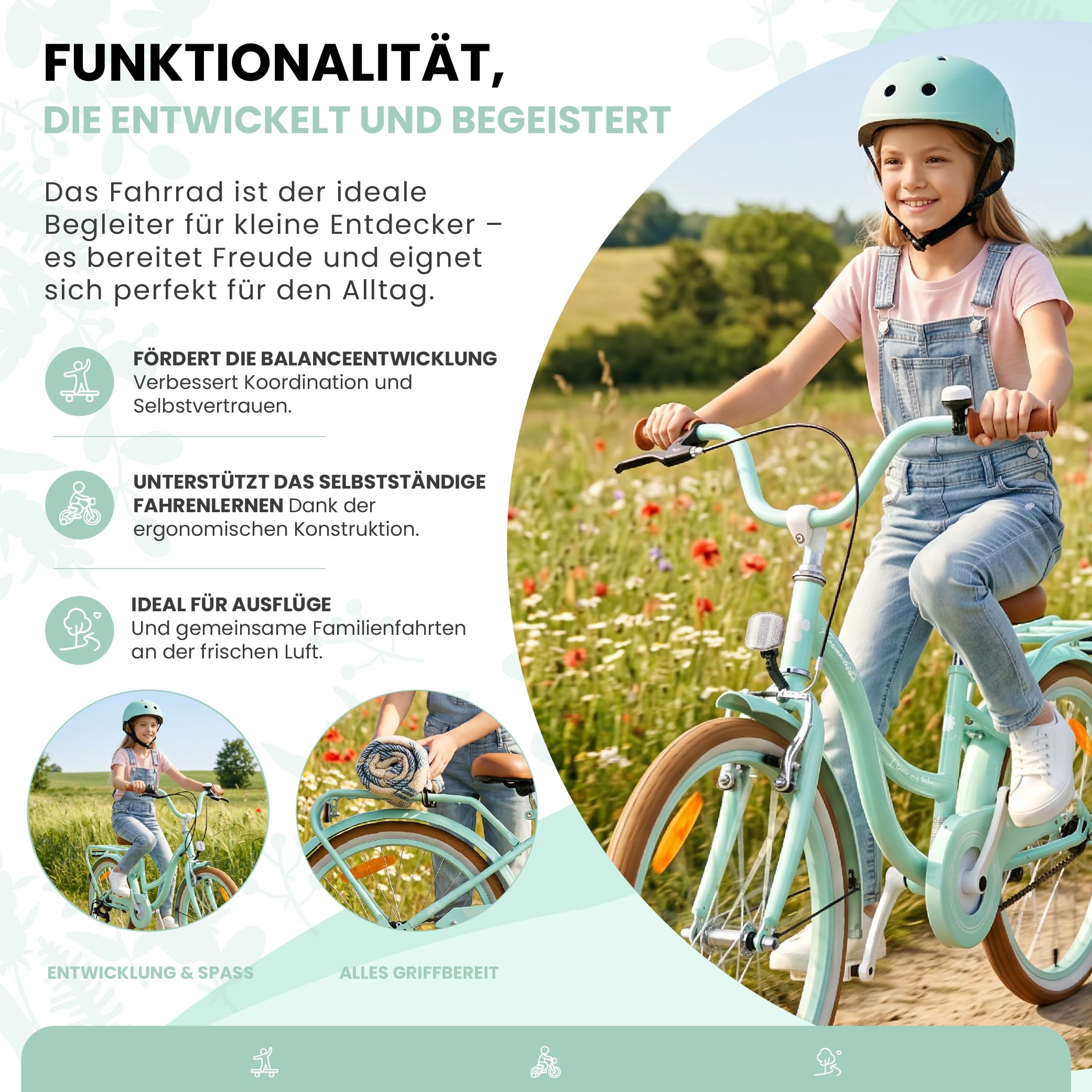 sun baby Flower Bike Retro Mädchenfahrrad - Kinderfahrrad mit Stahlrahmen, V-Bremsen, Schutzbleche, Kettenschutz, Scheinwerfer, Klingel, höhenverstellbar