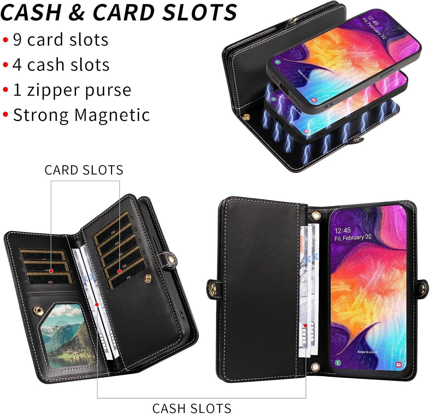 Asuwish Phone Case for Samsung Galaxy A50 A50S A30S Zipper Wallet Detachable Cell Cover with Screen Protector Crossbody Strap Bling Flip Credit Card Holder A 50 50S 30S S50 50A SM A505G Women Black