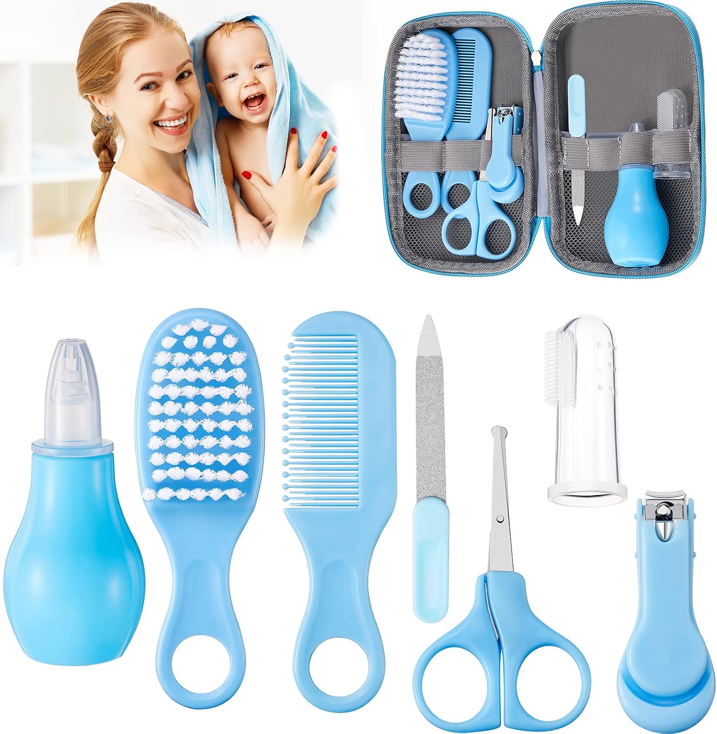 Baby Healthcare and Grooming Kit 7 in 1 Nail Clipper Brush Comb Scissors File Nasal Aspirator Finger Toothbrush Baby Safety Care Kit (Blue)
