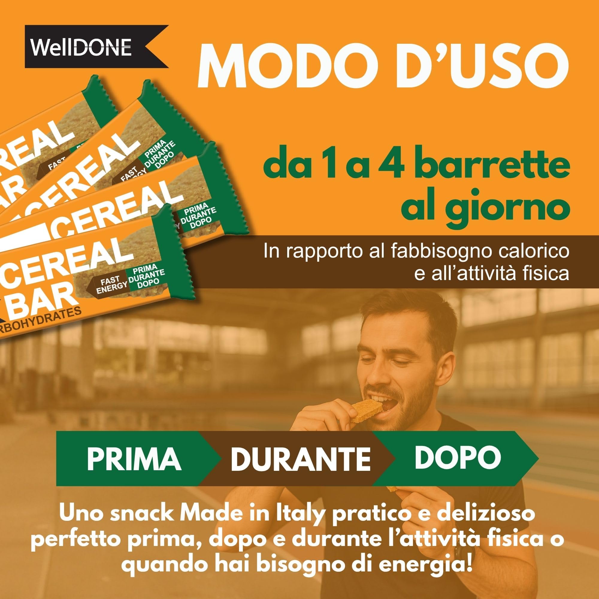 WellDONE, Cereal Crunch Bar Gusto Miele, Barrette Energetiche Made in Italy, Alto Contenuto di Carboidrati, Snack Goloso Anche per Intolleranti al Lattosio, 30 Barrette da 40g