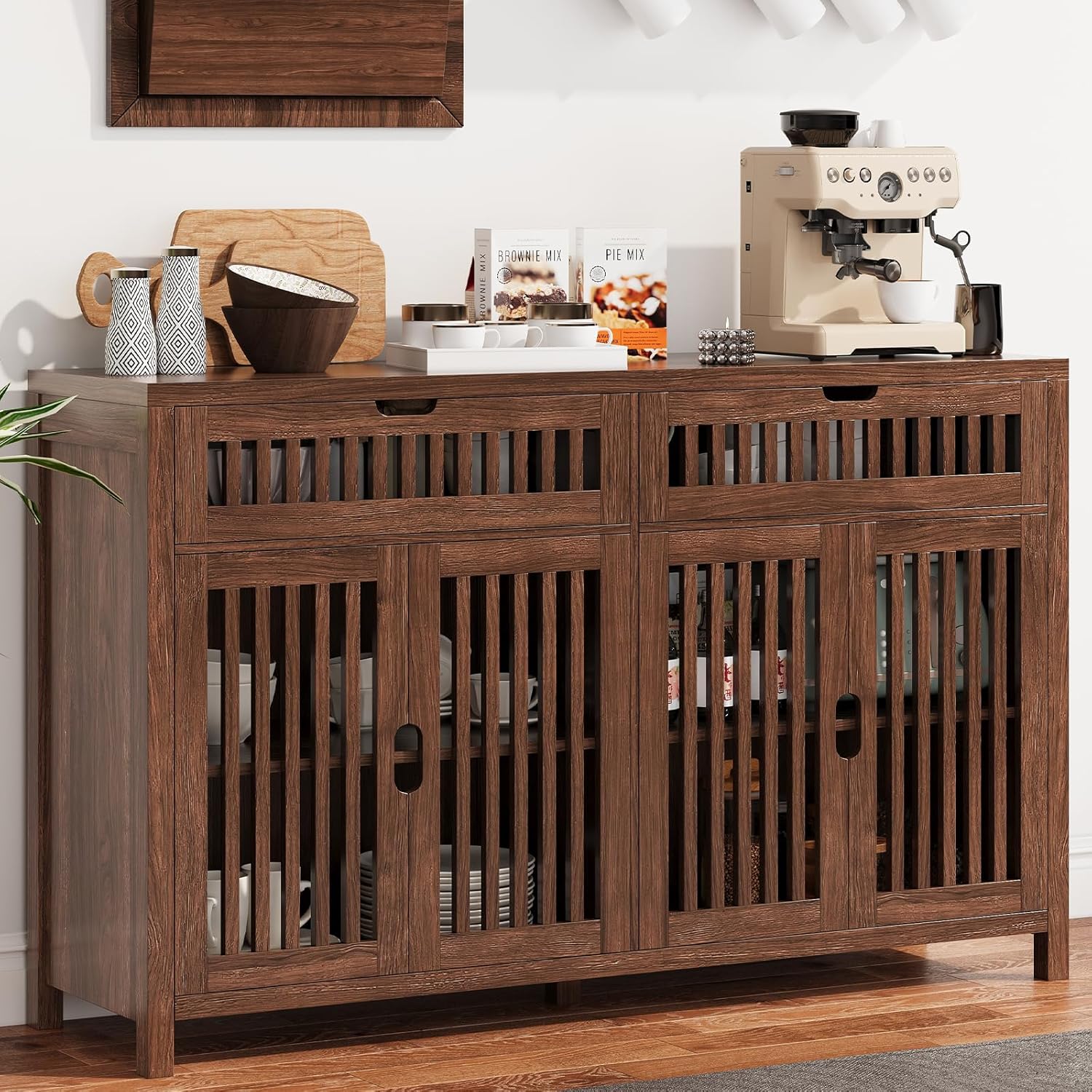 Vabches Storage Cabinet with Drawers, 55" Large Buffets & Sideboards with Adjustable Shelves and Doors, Multifunctional Kitchen Pantry Cabinet Coffee Bar Station for Dining Room, Living Room, Brown