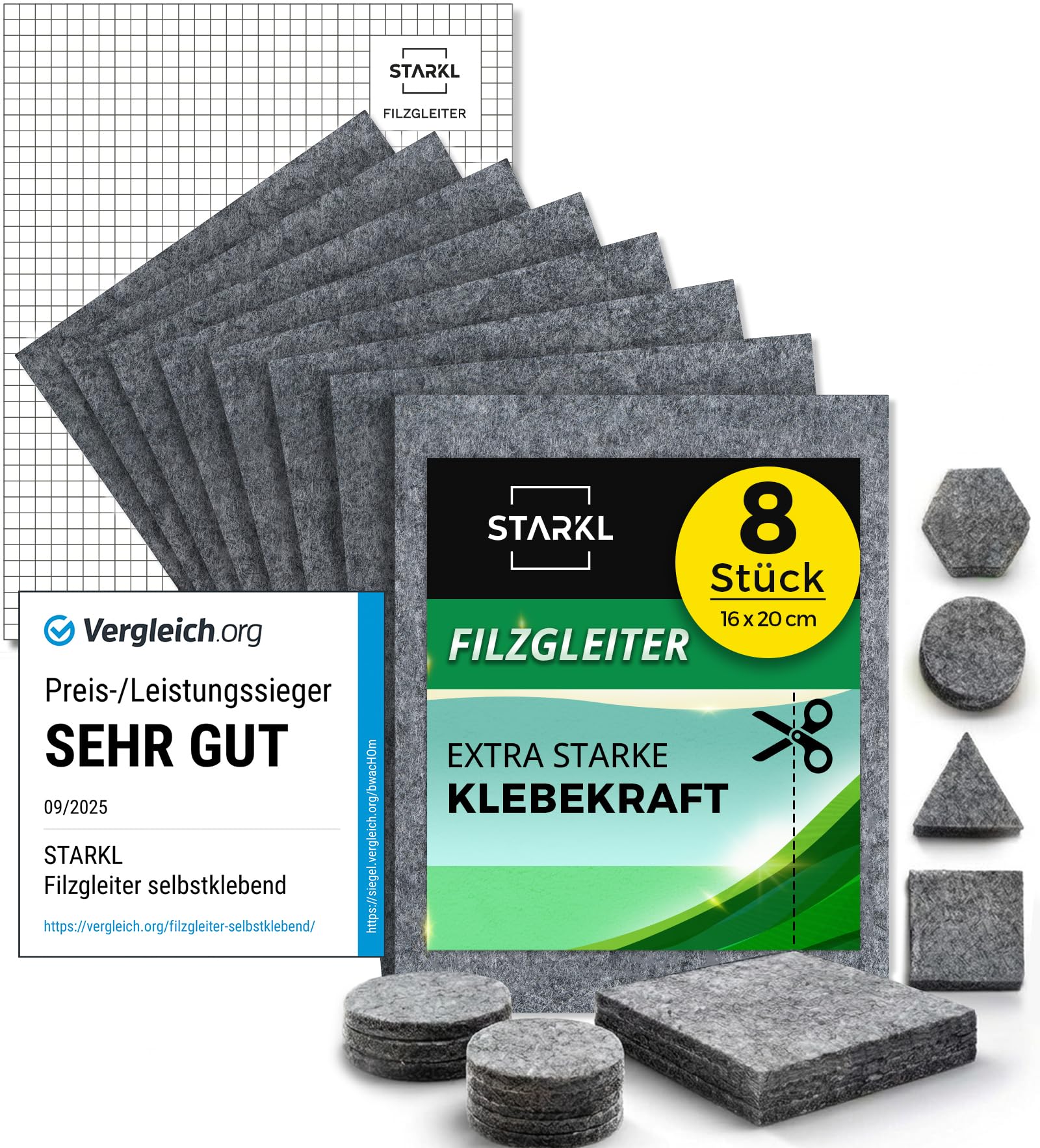 STARKL Filzgleiter selbstklebend zum Zuschneiden 16 x 20cm, 4mm, 8 Stück | Hochwertige Nadelfilz-Gleiter für Stühle, selbstklebende Filzplatten für Möbel, Stuhlgleiter Klebefilz