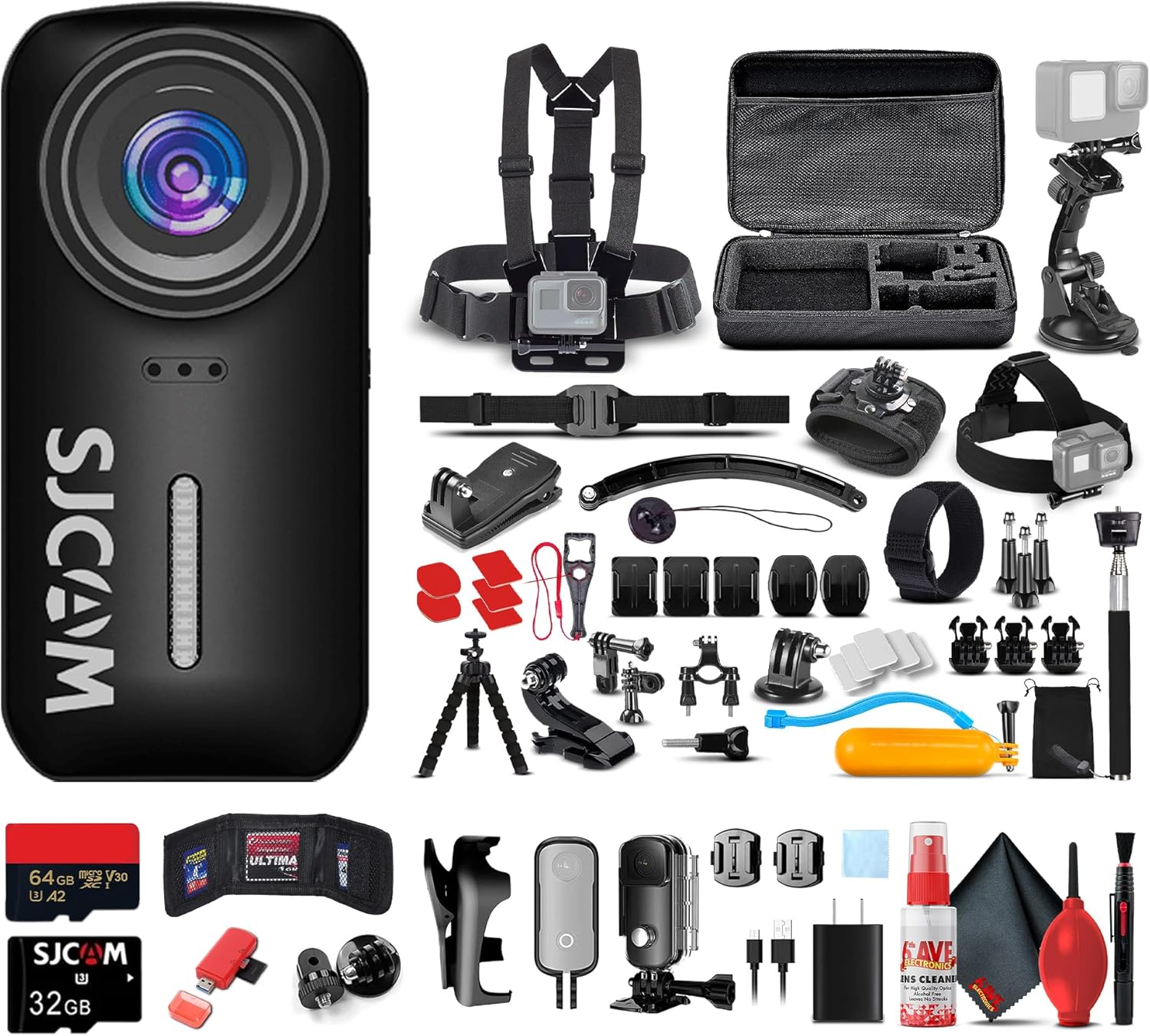 SJCAM C110 Plus Action Camera with 4K Video, Gyro Stabilization, and Audio Recording, Bundle Including: 64GB Micro SD Card, 50-in-1 Action Kit, Card Reader, Card Wallet, and USB-C Adapter