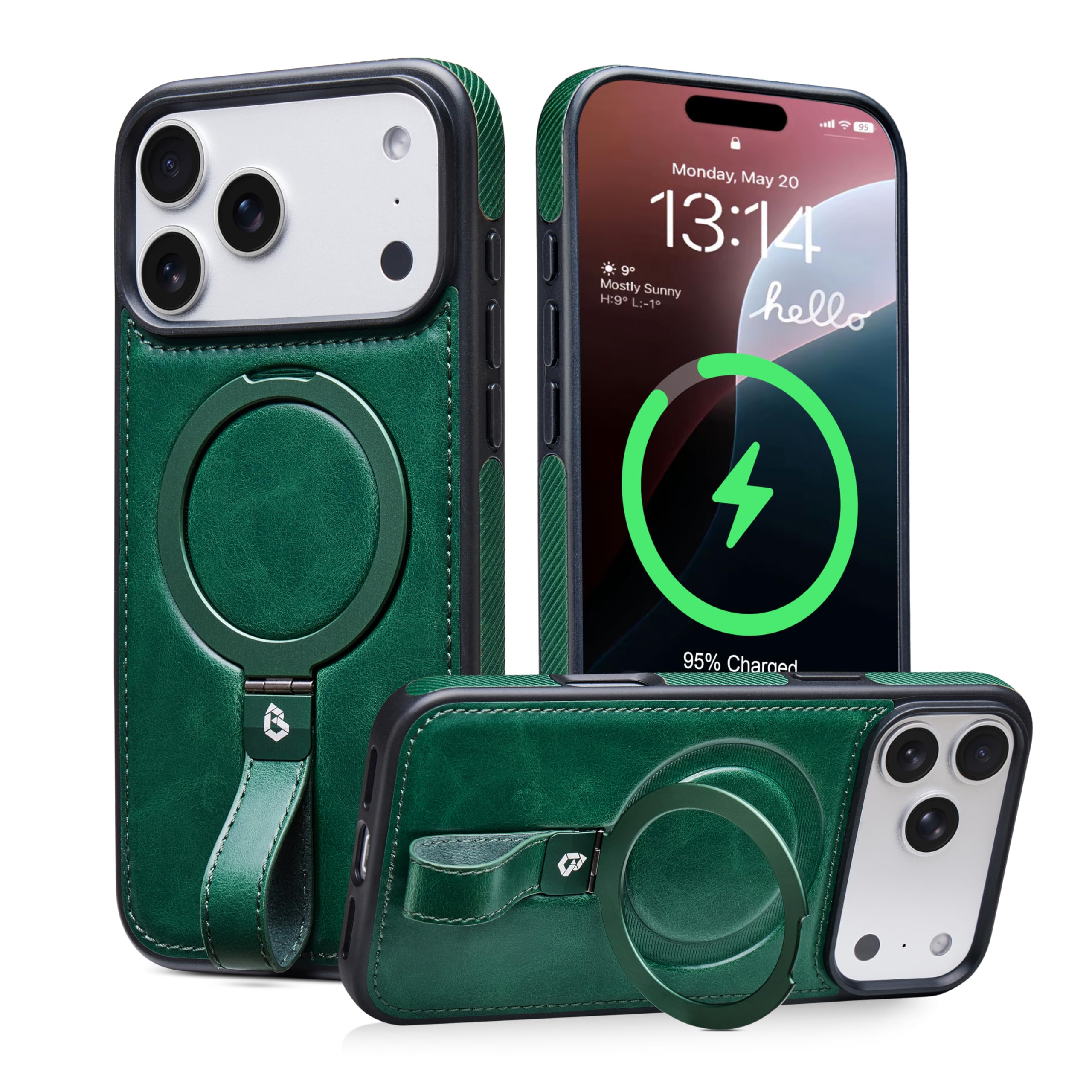Butaiga Cinturino in pelle per iP18 Pro con supporto ad anello, verde