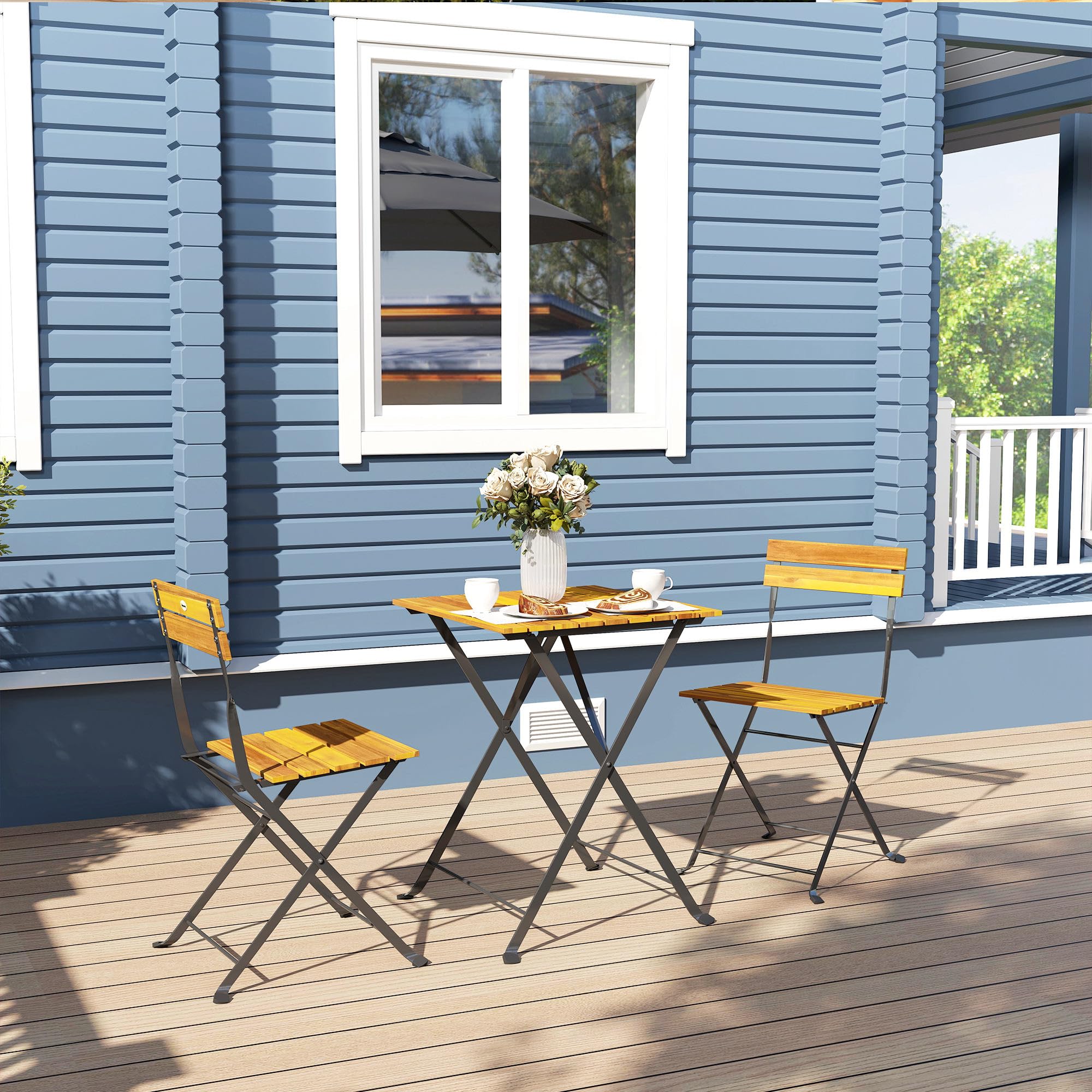Outsunny Ensemble Bistrot de Jardin 3 Pièces, Salon de Jardin Extérieur 2 Personnes, Table Basse en Bois d'Acacia et Acier