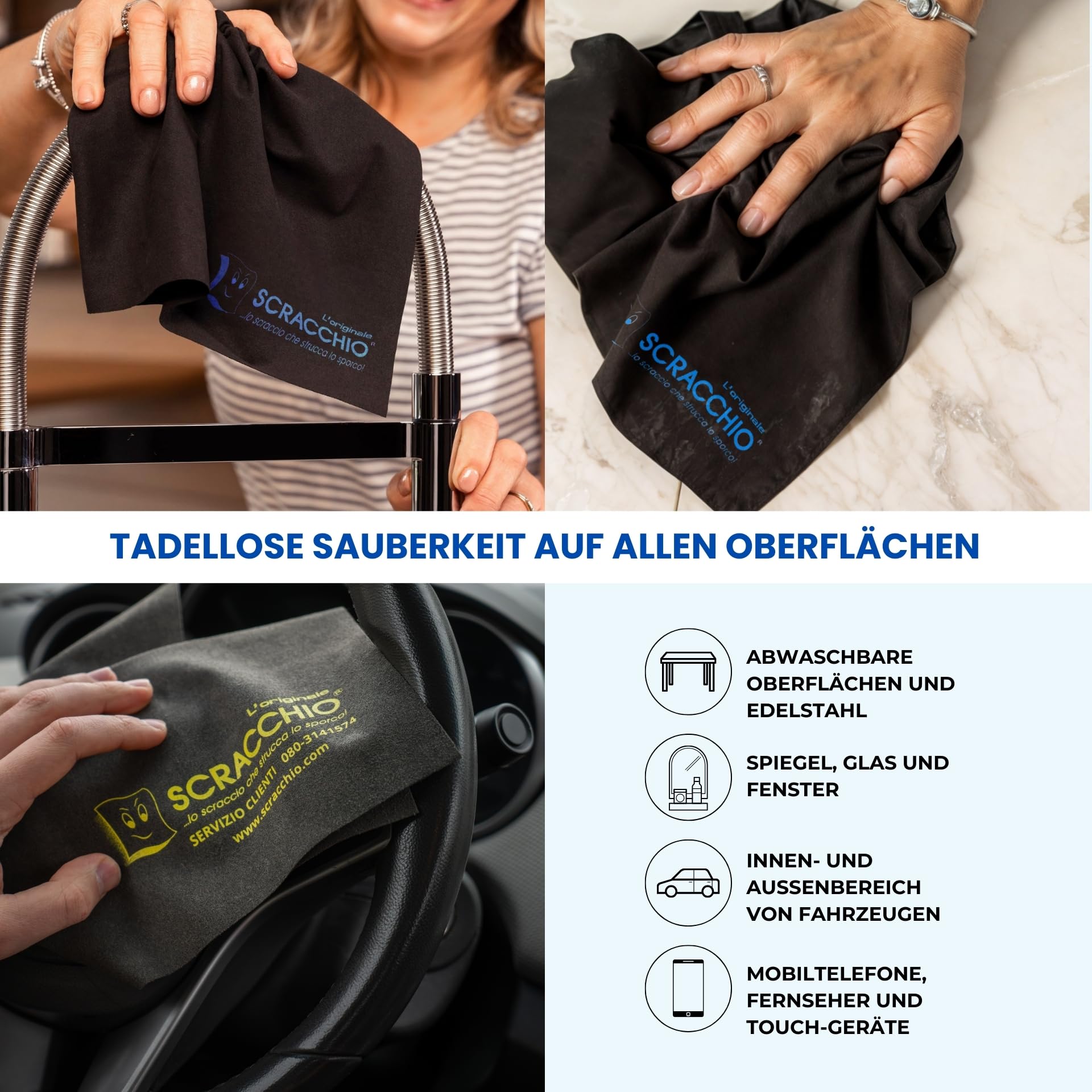 Scracchio Original, Mikrofaser Tuch +5 Jahre Haltbarkeit, Mikrofasertücher für Auto Reinigung, Haushalt, Glasreiniger, Fensterputztücher, Nur mit Wasser Reinigen, ohne chemische Reinigungsmittel(3Stk)