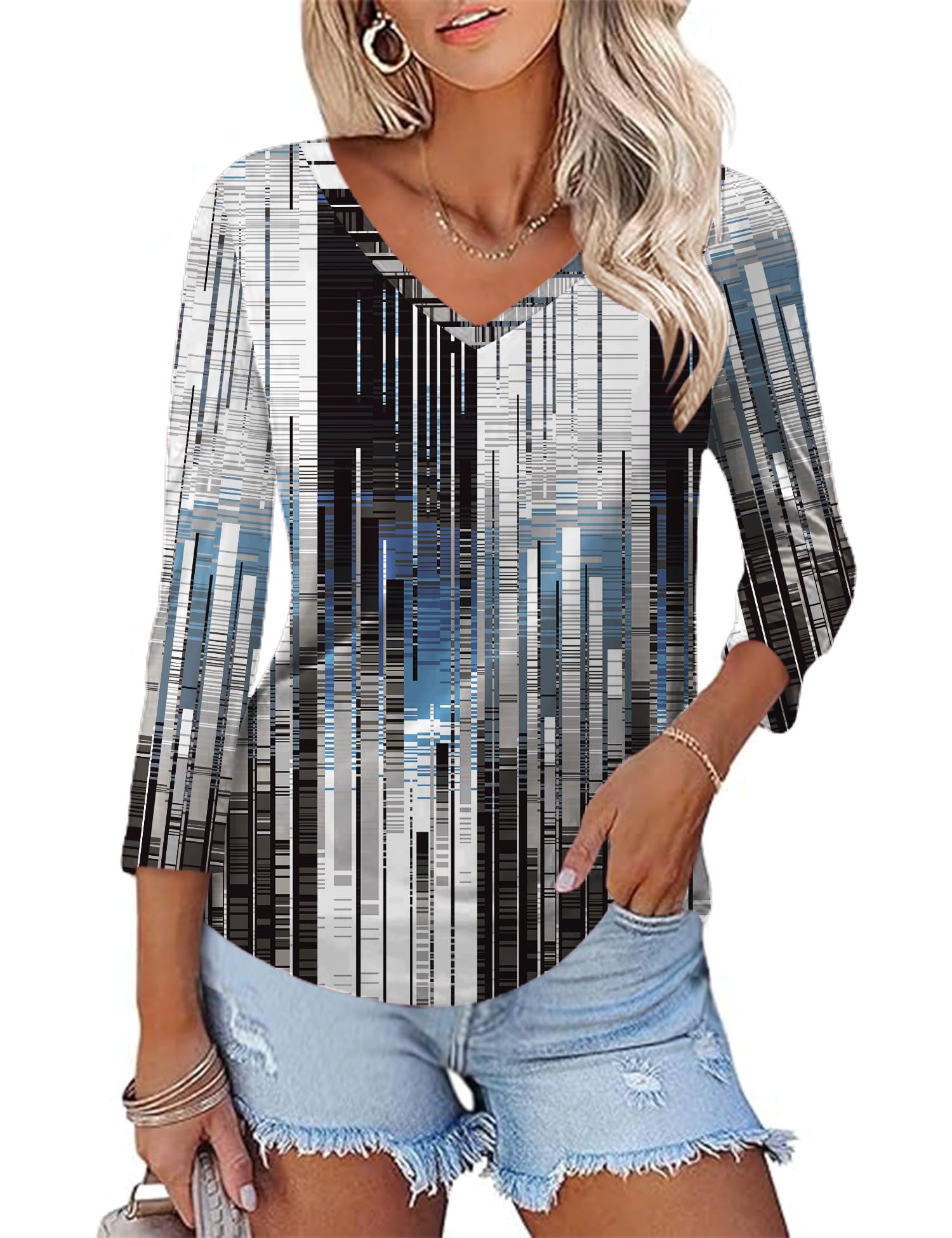 Rapbin Bluse Damen 3/4 Ärmel Langerm V-Ausschnitt Elegant Oberteile Locker Tops Sommer 2026 Tunika Lässig Blusen