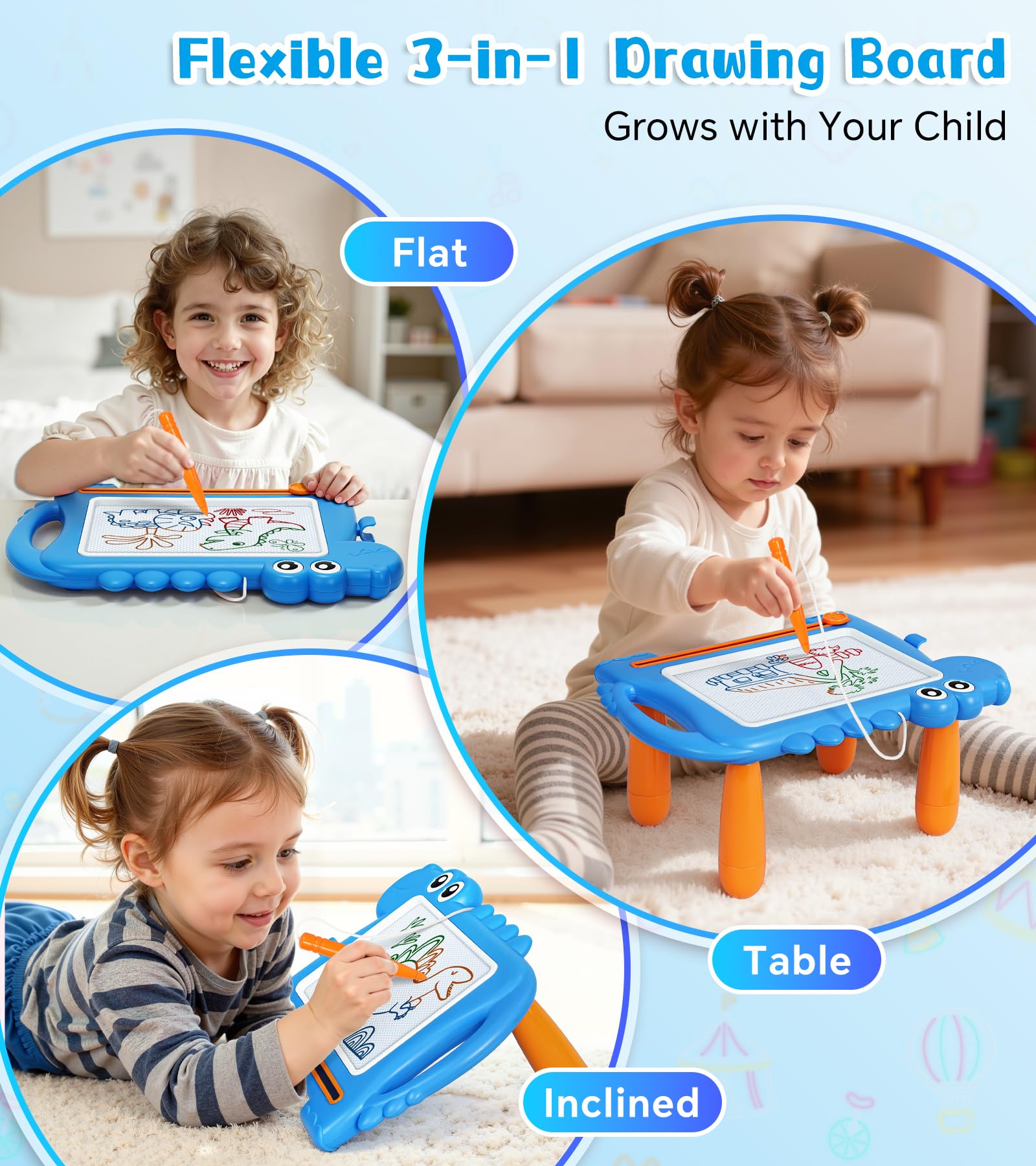 AiTuiTui Ardoise Magique Dinosaure Pieds Amovibles pour Enfants, Tableau Magnétique Éducative Bébé 1 2 3 Ans, Jouet Créatif d’Écriture Filles Garçons, Jouet de Voyage Cadeau Anniversaire Noël, Bleu