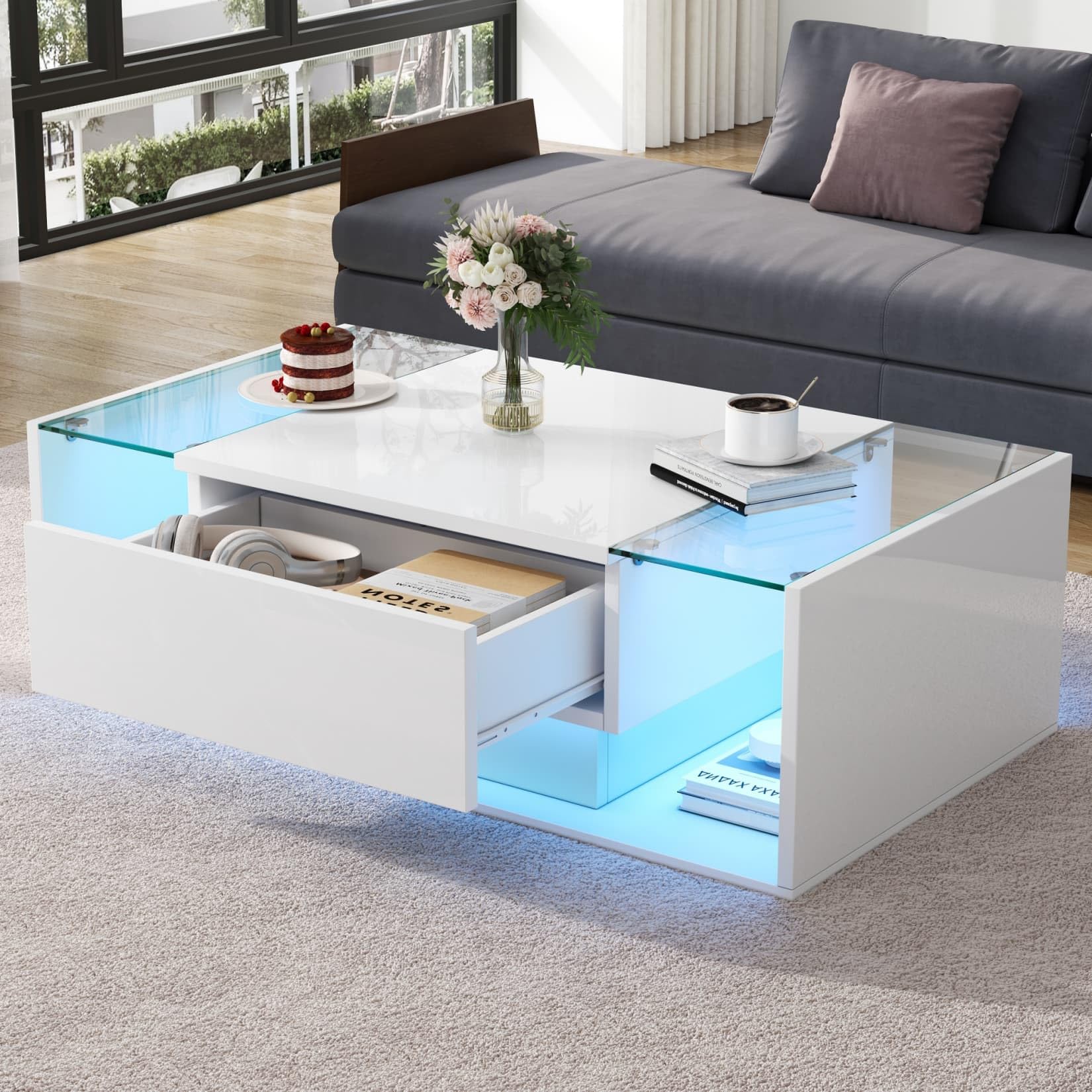 Table Basse au Design Minimaliste Lumineux et Finition Laquée Haute Brillance