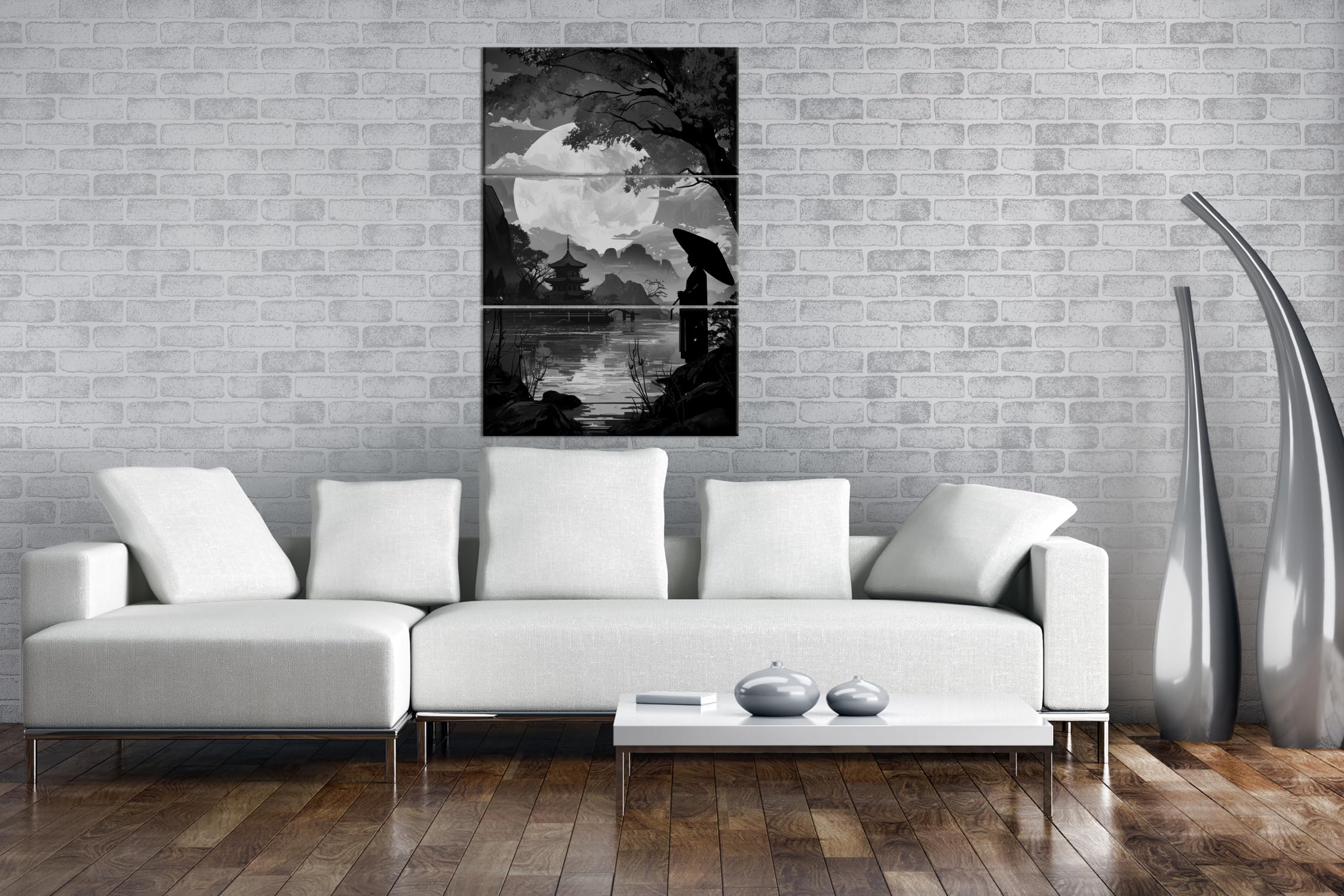 Podróżnik w świetle księżyca, ukryty w cieniu jesiennego japońskiego ogrodu. Format: 120 x 80 cm (3 części) Efekt: czarno-biały jako obraz na płótnie, motyw oprawiony na ramie z prawdziwego drewna,