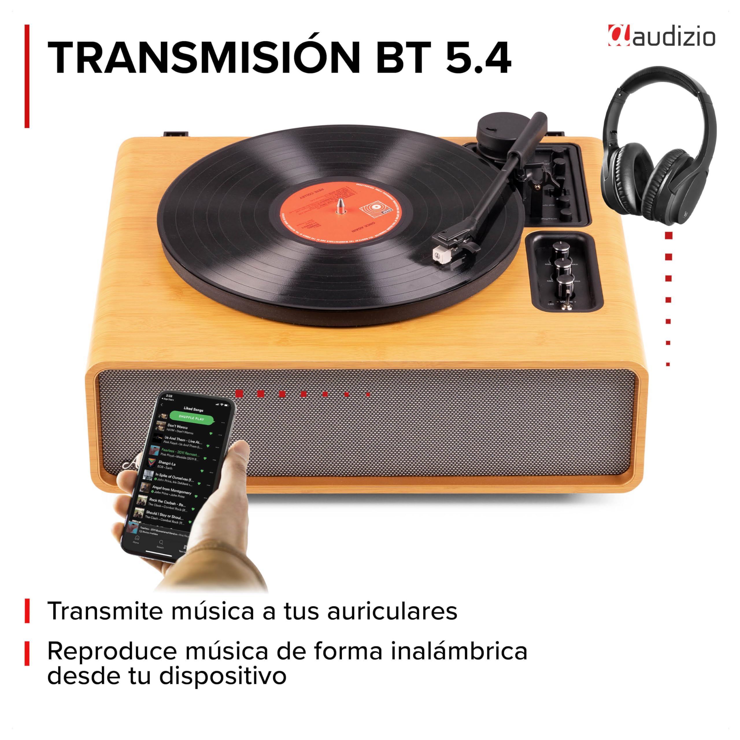 Audizio Laredo – Tocadiscos de Vinilo Bluetooth con Altavoces HiFi 160W, cápsula Audio Technica, Gira Discos con Plato de 29 cm, giradiscos Vinilo con RCA y BT in/out, Acabado en bambú