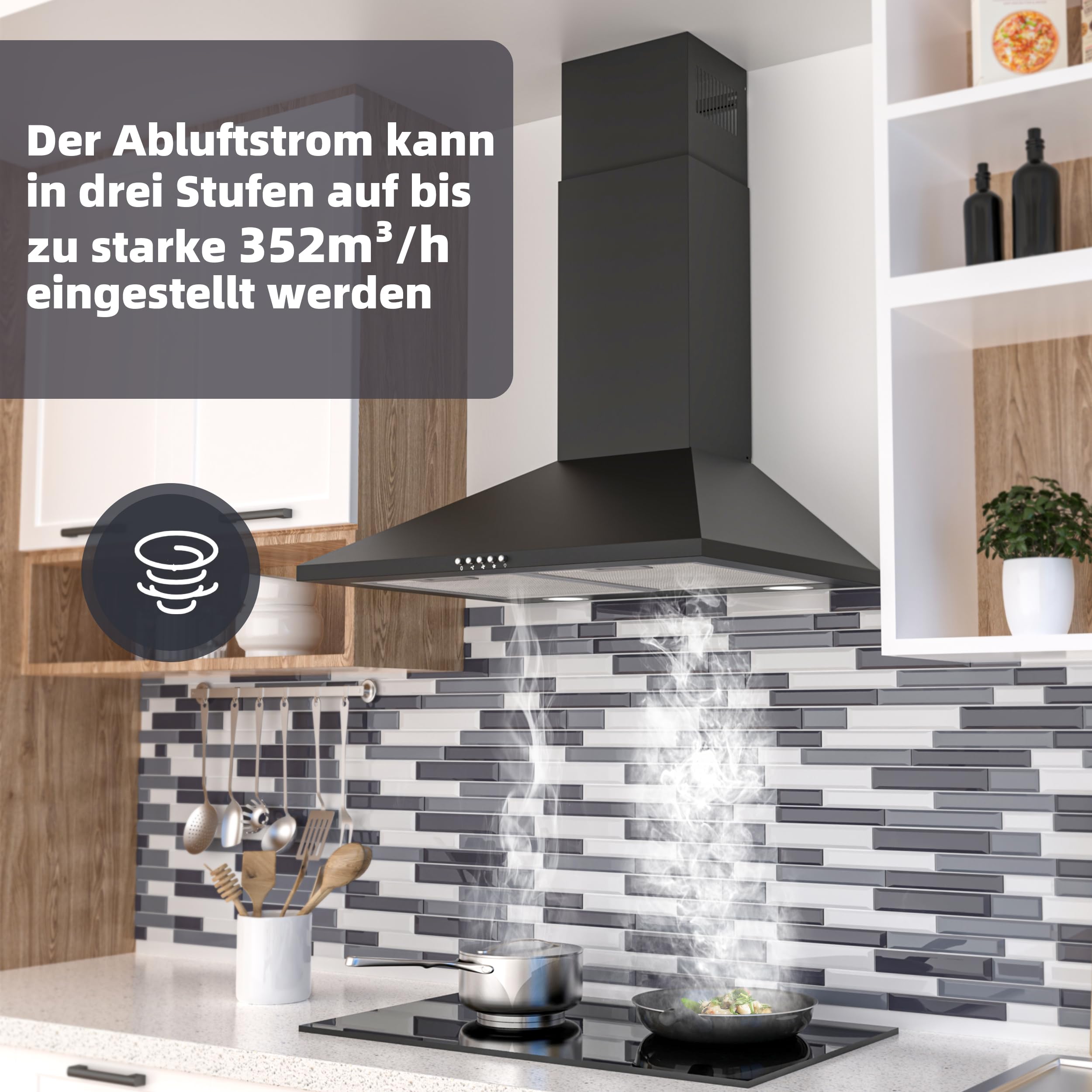 FIREGAS Dunstabzugshaube 60 cm mit bürstenlosem DC-Motor, Umluft/Abluft, 3 Gebläsestufen, LED, Schwarz