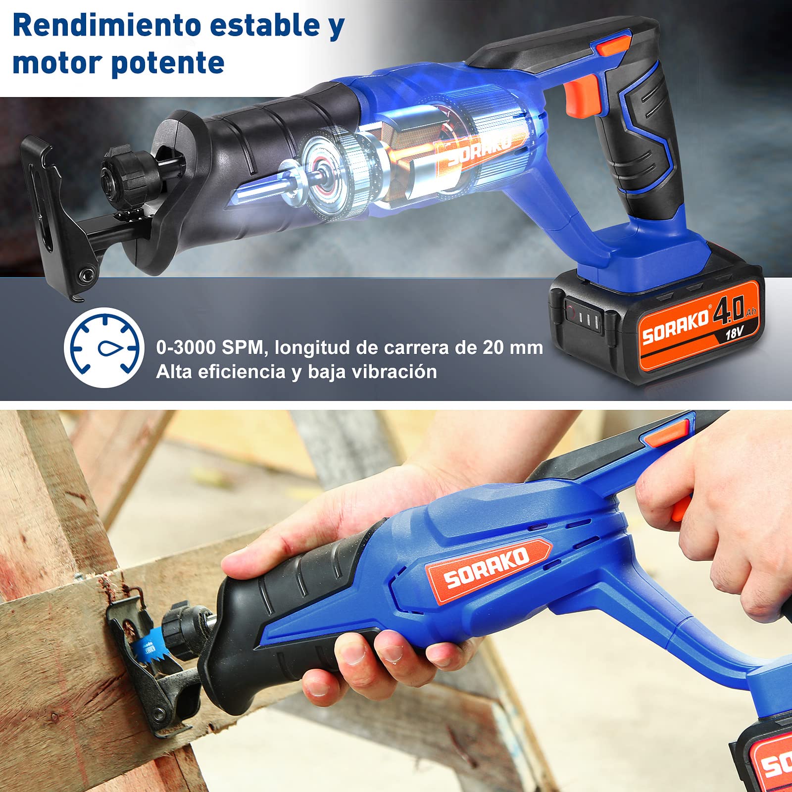 SORAKO sierra sable electrica, 18V, con batería de 4,0 Ah ，sierra recíproca de velocidad variable de 0-3000 SPM，cargador,2 cuchillas，ideal para cortar madera y metal, podar