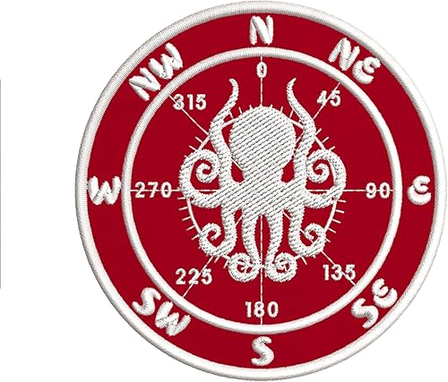 Parche bordado de brújula con pulpo, para planchar o coser, color rojo, diseño de criaturas de mar náutico, playa, divertido, insignia de