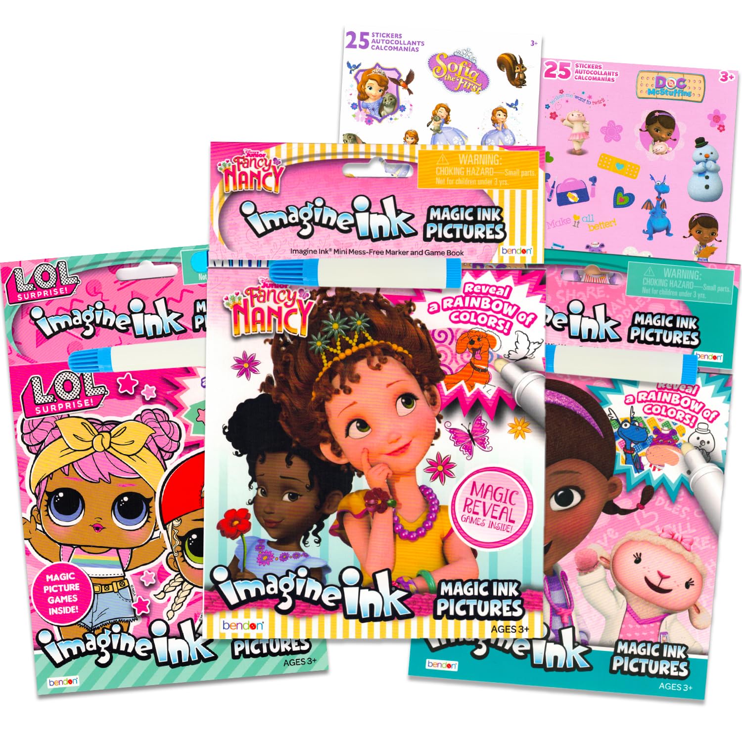 Fancy Nancy Magic Ink Coloring Book Set - Bundle Includes 3 Disney Junior Imagine Ink Books Featuring Fancy Nancy, LOL Surprise, Doc McStuffins with Invisible Ink Pens and Stickers