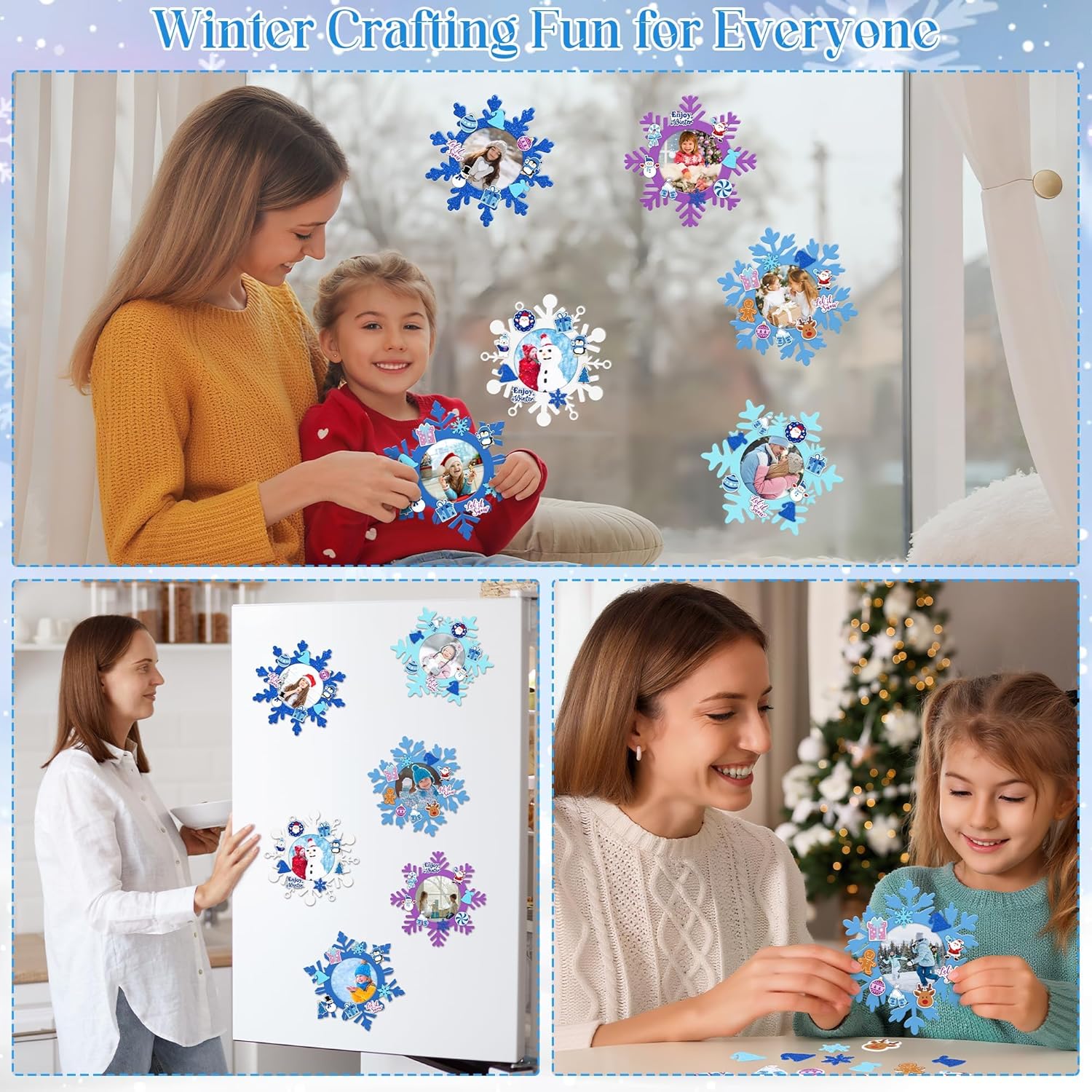 Fovths 24 Pack Winter Foam Picture Frames Craft Kit Winter Snowflake Picture Frame Ornaments with 300 Stickers for Gifts Holiday Home Party DIY Activities