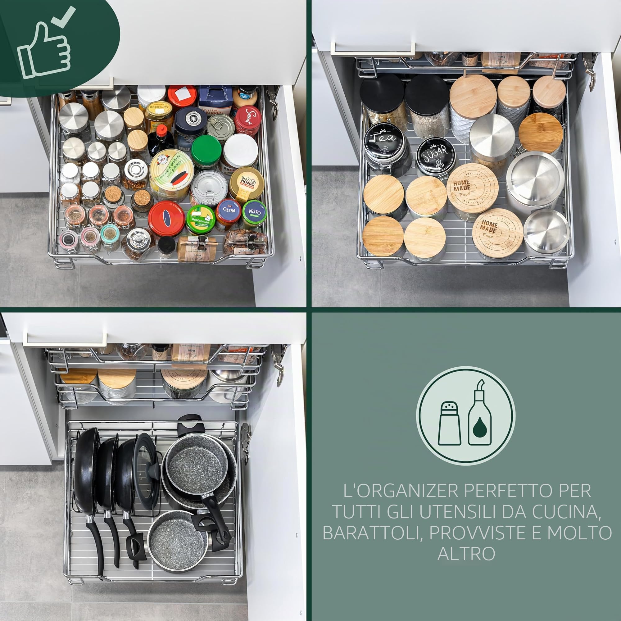 bremermann Cassetto telescopico Larghezza 60 cm con ripiano, con Guide telescopiche, cassetto Estraibile Ideale per Cucina e Bagno, in Metallo (Cromo)