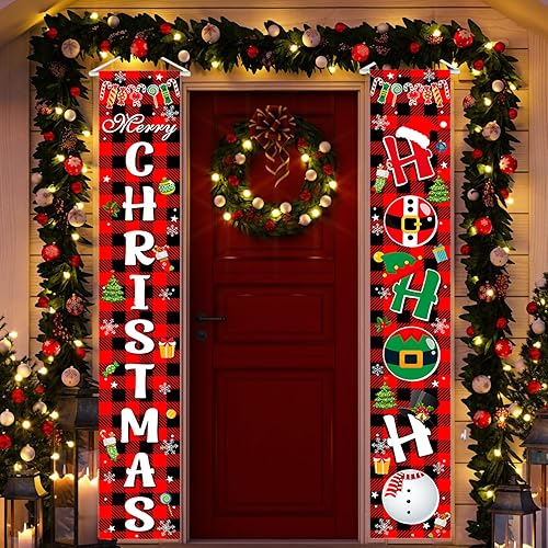 Avezano Decoraciones de Navidad para exteriores, pancarta de puerta de Navidad a cuadros de búfalo rojo, suministros de decoración de fiesta de