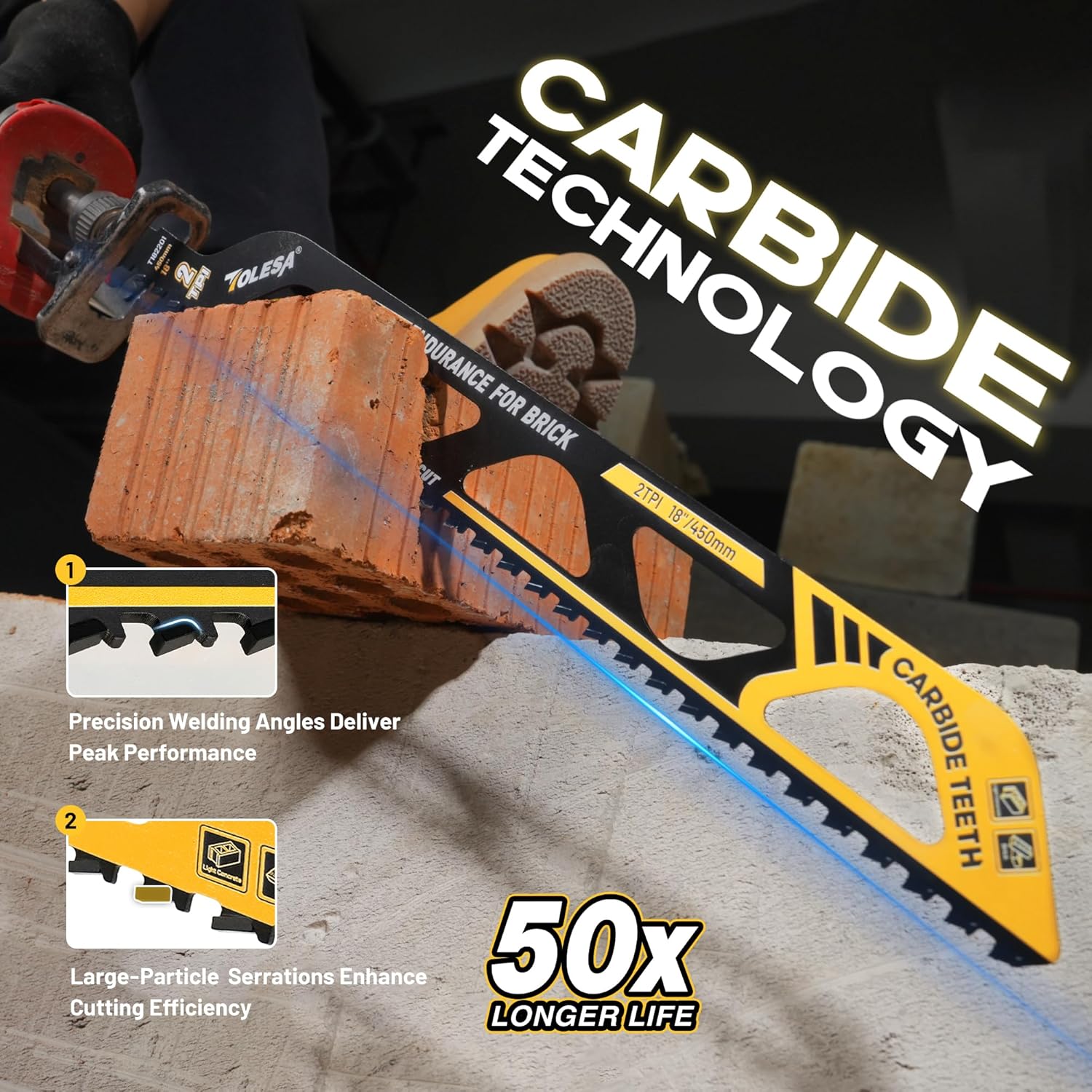 TOLESA Demolition Masonry Reciprocating Saw Blades 18-Inch, Carbide Blades for Cutting Aerated Concrete and Hollow Brick, 1 Pack