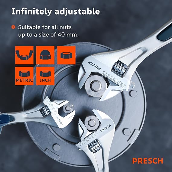 PRESCH Adjustable Wrench Set - 8inch, 10inch & 12inch - Laser-Engraved Scale 30mm-40mm (Metric & inch) - Precision-Milled for Optimal Grip - Sturdy, Adjustable spanners