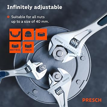 PRESCH Adjustable Wrench Set - 8inch, 10inch & 12inch - Laser-Engraved Scale 30mm-40mm (Metric & inch) - Precision-Milled for Optimal Grip - Sturdy, Adjustable spanners