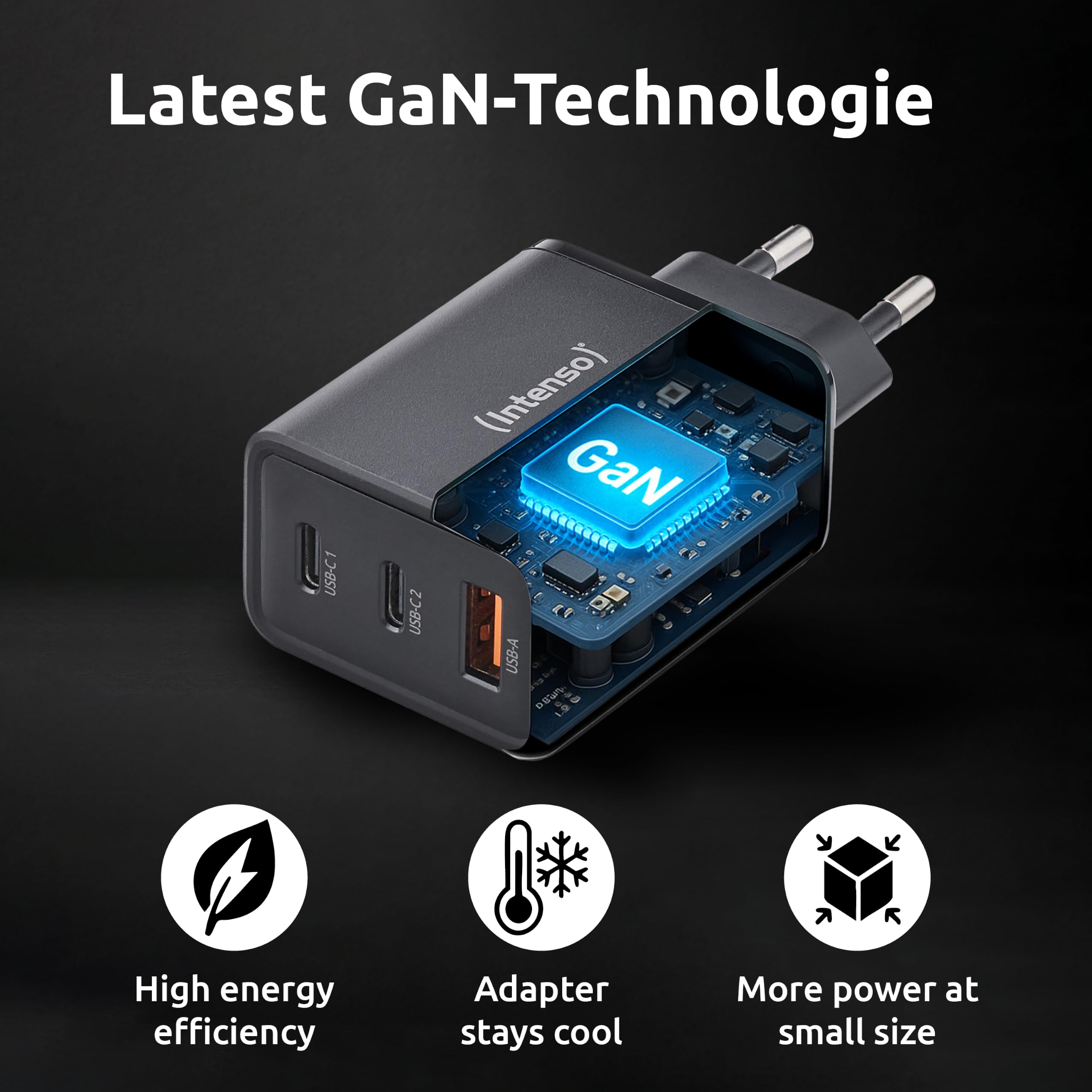 Caricatore Intenso W65ACIC GaN 65W Con Cavo USB-C Estraibile, 3 Porte (USB-C Integrato, USB-C, USB-A), PD E PPS, Bianco - 4