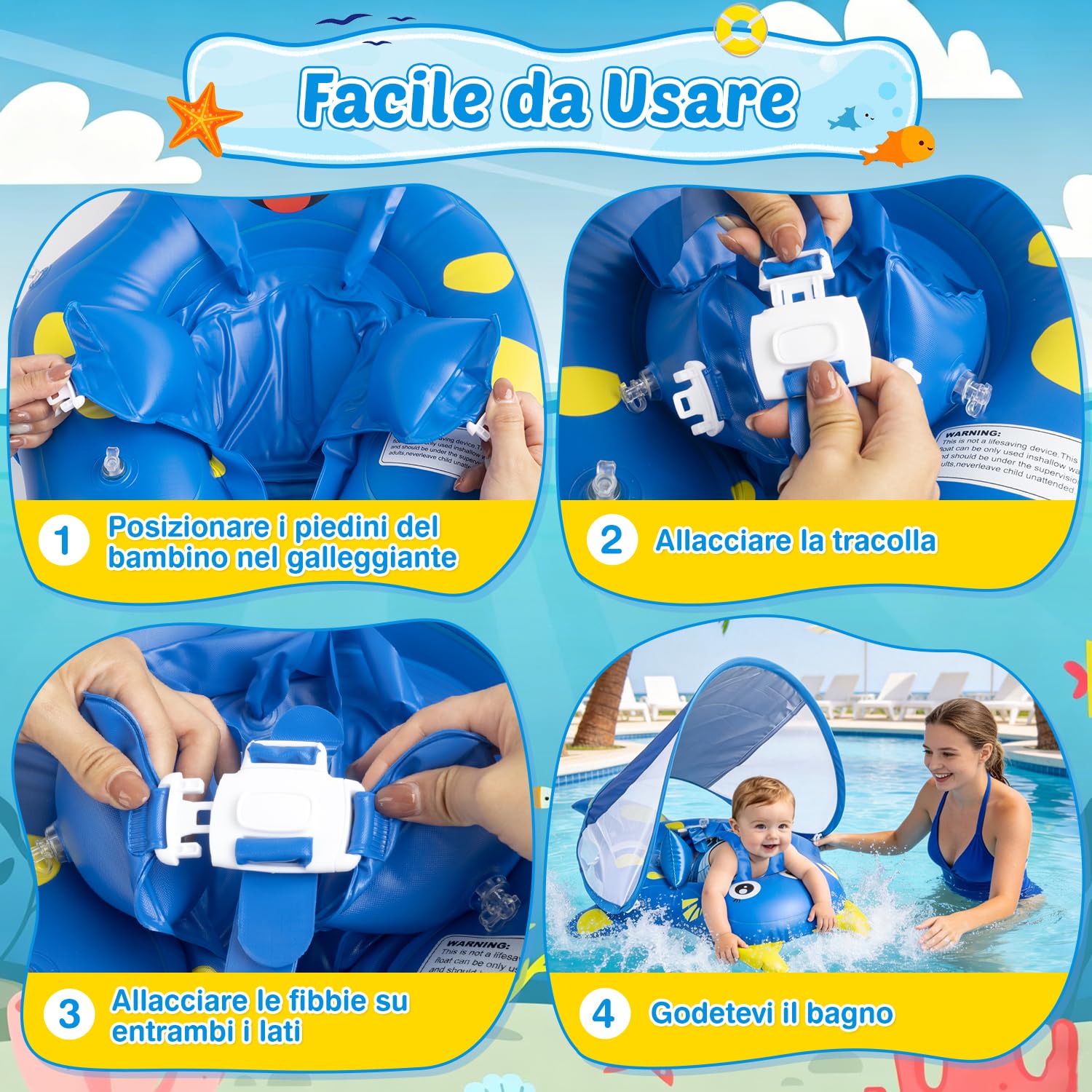 Salvagente Neonato con Parasole, Ciambella Neonato Mare UPF50+ Protezione UV, Anti-Ribaltamento, Sedile di Sicurezza Regolabile, Salvagent Gonfiabile Piscina per Bambini da 10 a 36Mesi