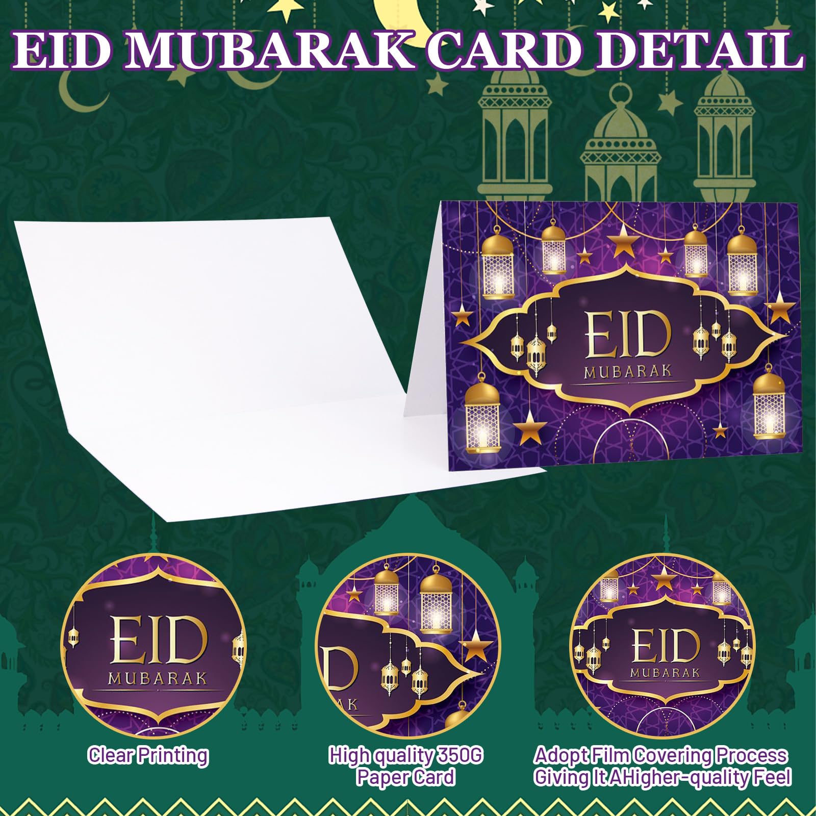 12 Eid Mubarak Greeting Cards With Envelopes & Stickers - Ramadan Celebration