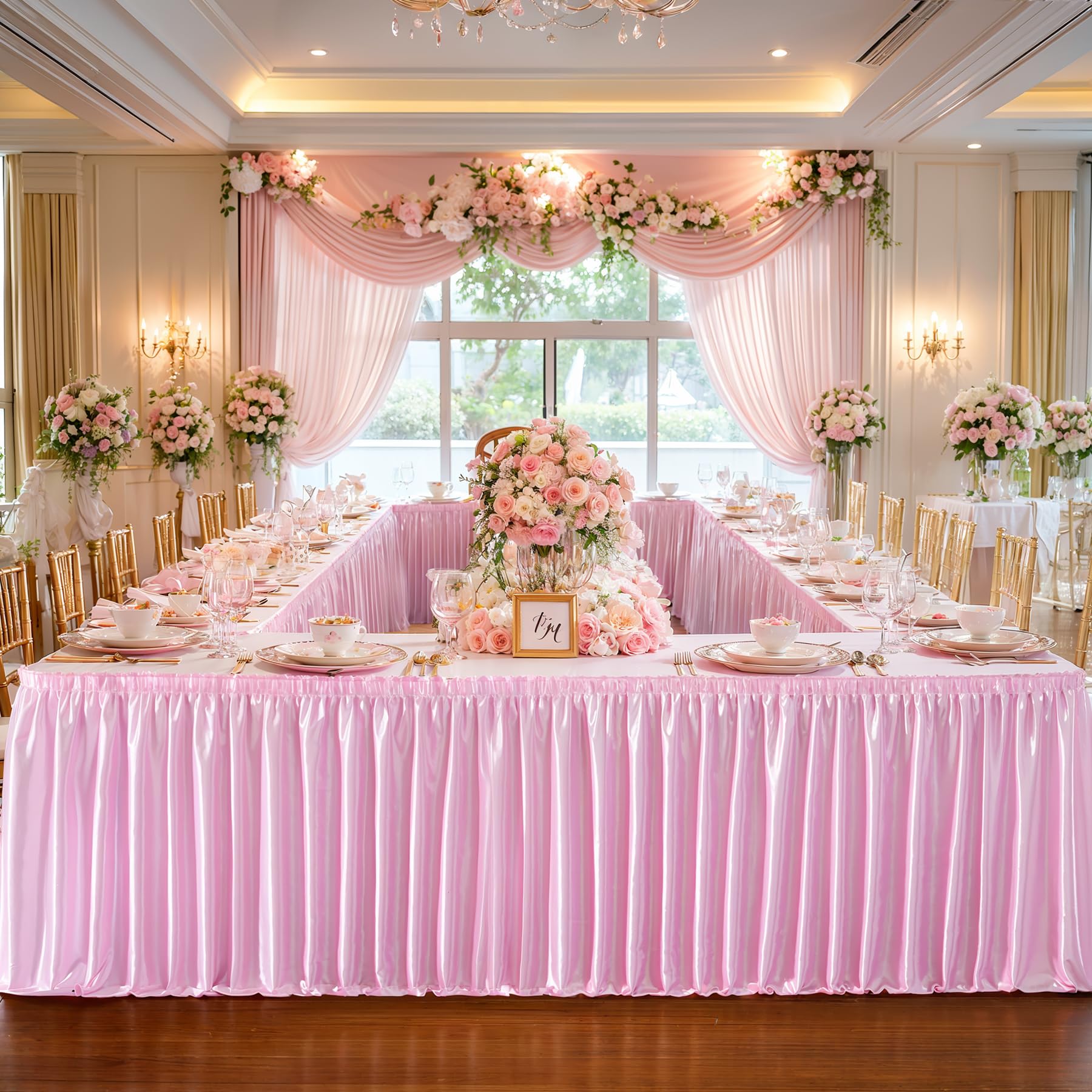 17ft Length Glitter Pink Table Skirt for 8ft Rectangle Tables, Wrinkle Free Pleated Ruffle Table Cloth Satin Skirting for Baby Shower Birthday Party Princess Girls Gender Reveal Cake Table Decorations
