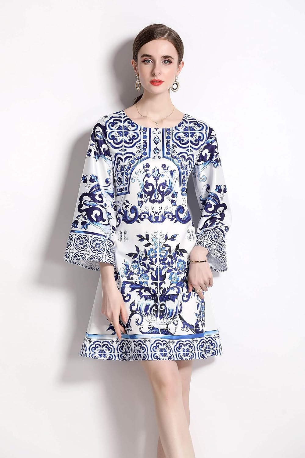 LAI MENG FIVE CATS Women's Floral Print Flare Sleeve Round Neck Casual A-line Mini Dress - Image 3