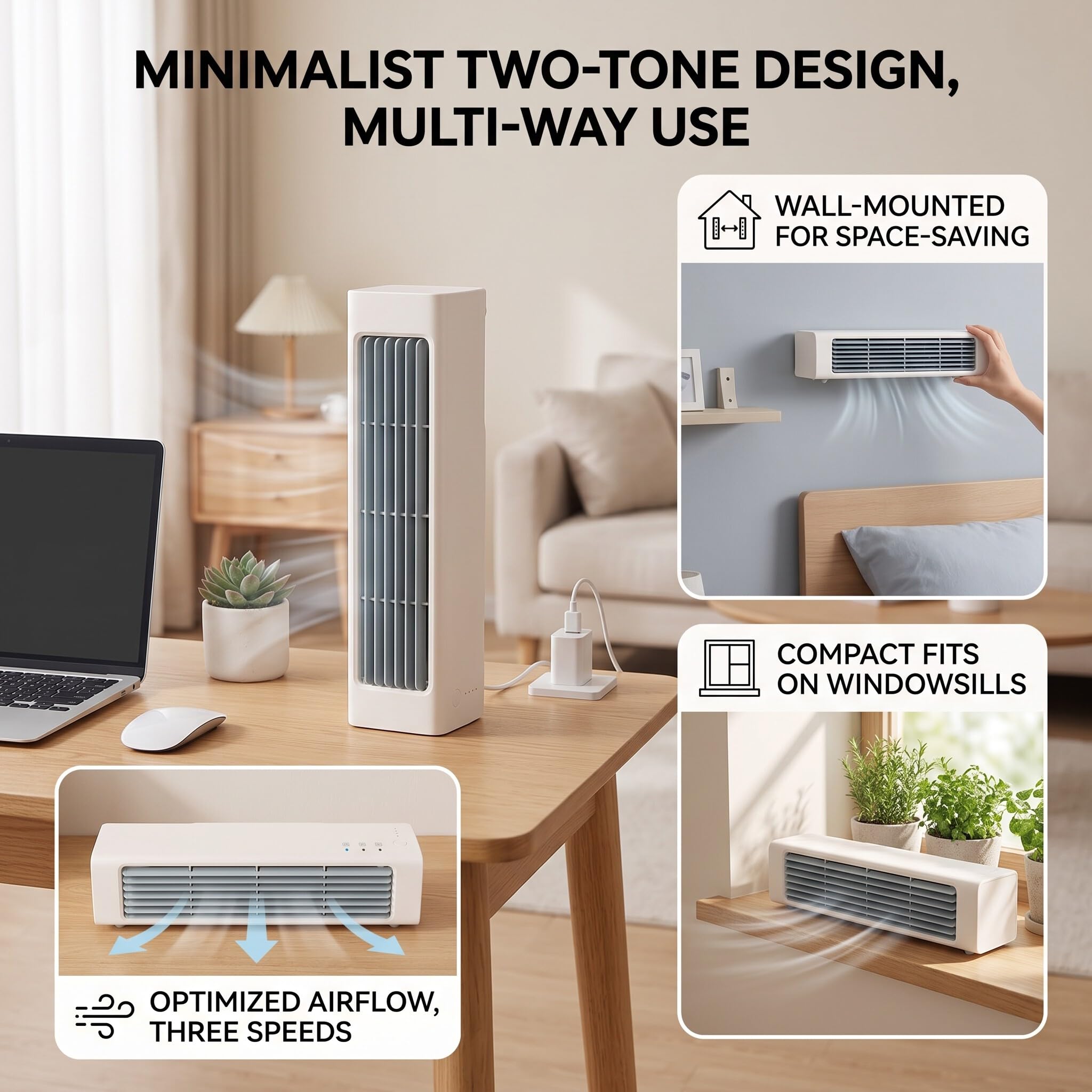 Zopsc Ventilador de refrigeración de torre compacto, ventilador de escritorio de pie USB ajustable de 3 velocidades, para oficina en casa con opción de montaje en pared, brisa suave para el verano