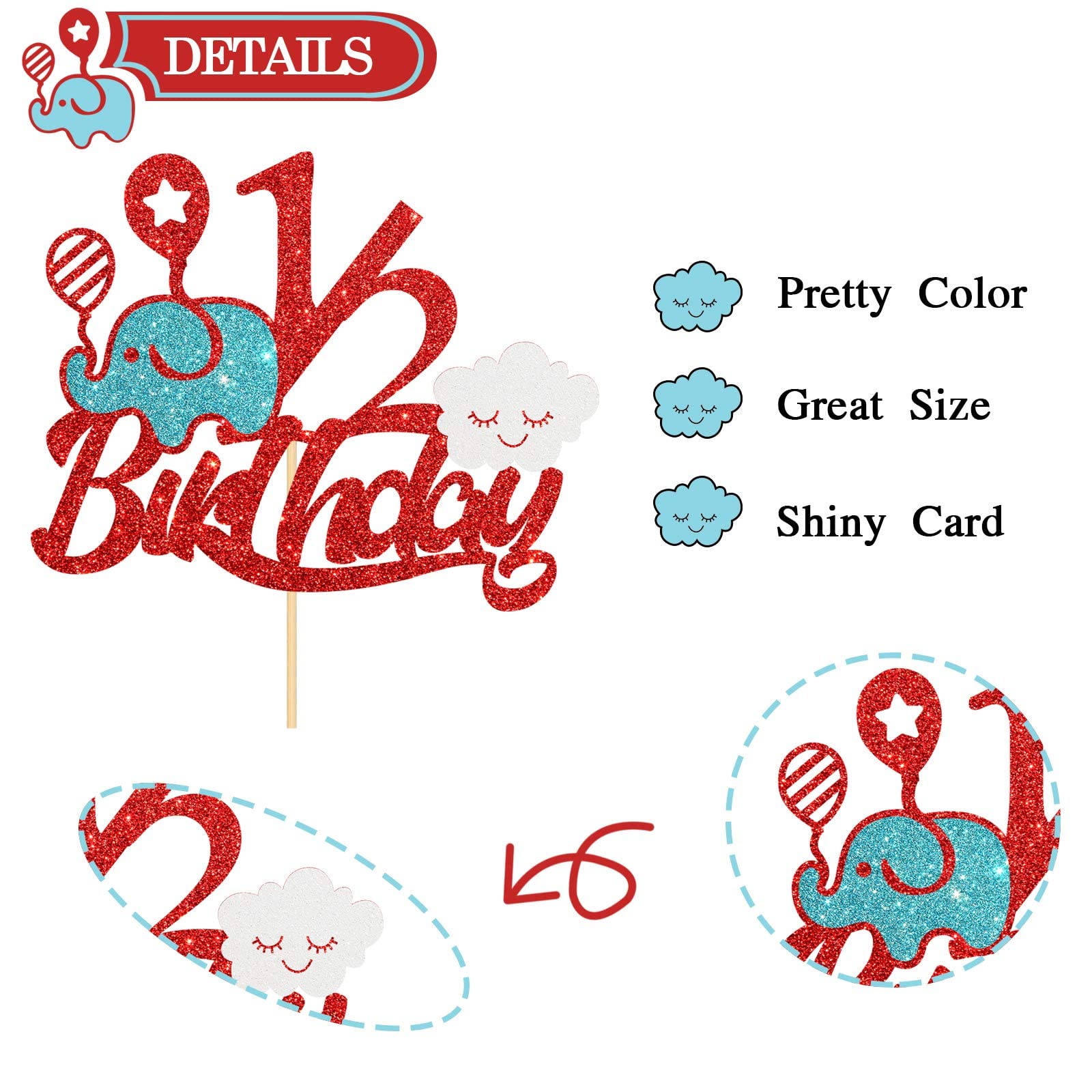 Festiko®Glitter 1/2 Birthday Cake Topper, Baby Half Year Old Cake Decor, Party Supplies Red - Image 2 thumbnail