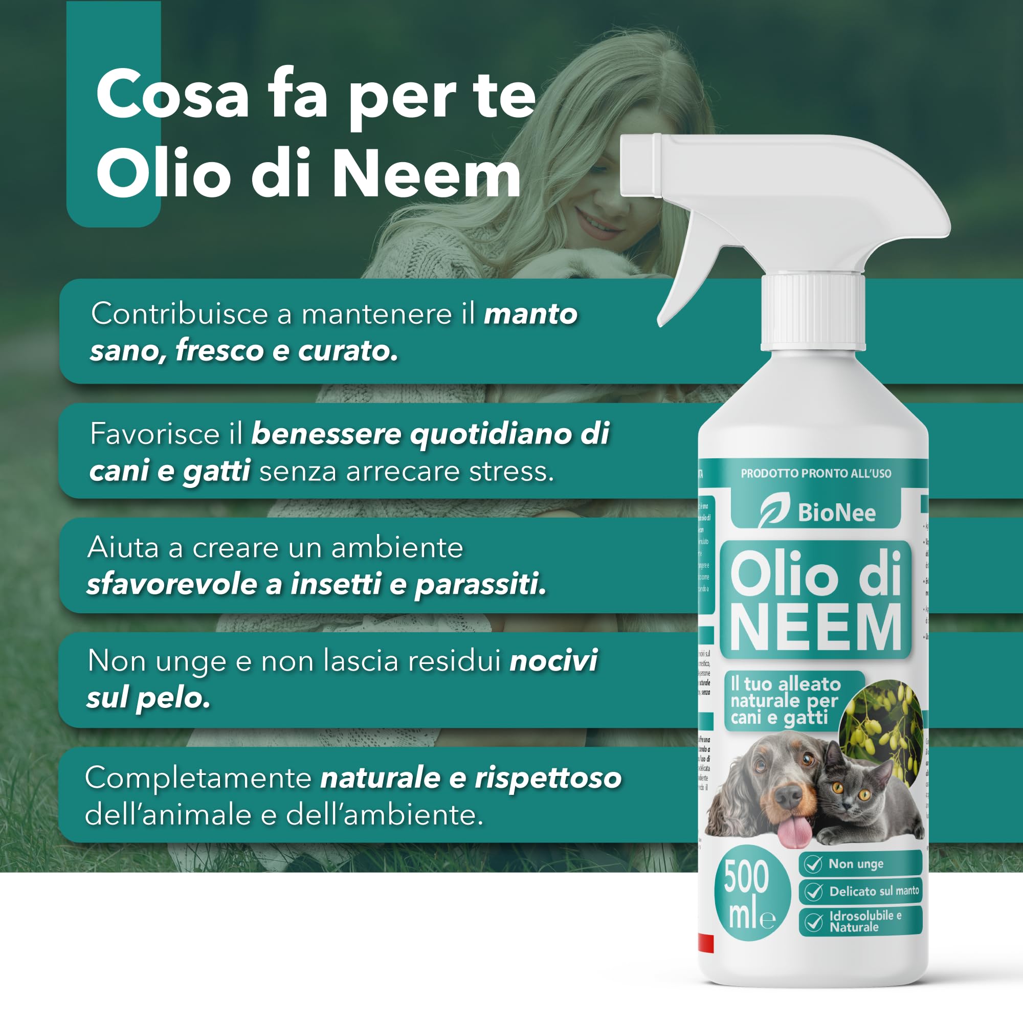 Olio di Neem per Cani e Gatti Spray 500 ml – Idrosolubile, Naturale, Non Unge – Azione Delicata, Effetto Barriera Sgradito a Zecche Pulci Zanzare Insetti