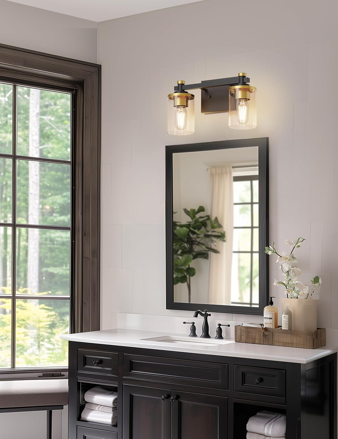 L LOHAS LED 2-Light Modern Black and Gold Bathroom Vanity Light Fixture Over Mirror, ETL Certified, Warm White, 800 Lumen, 120 Watts, Indoor Use, 2 Count, Clear Glass Shade
