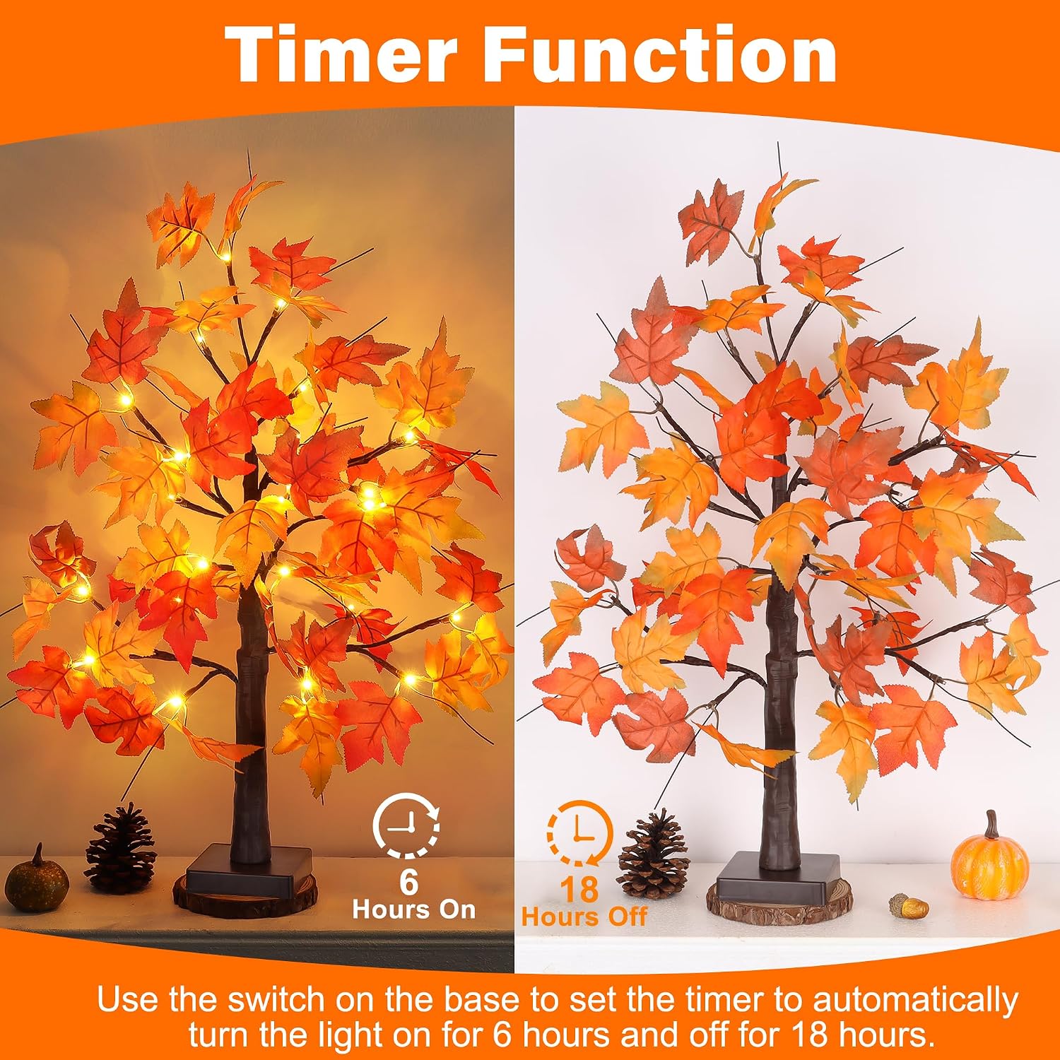 1 Pack 24 Inch Fall Maple Tree with 48LED Battery Operated Lighted Tabletop Artificial Tree with Pumpkin Acorn Maple Fall Centerpieces Indoor Fall Decorations for Home Office Thanksgiving Table Decor
