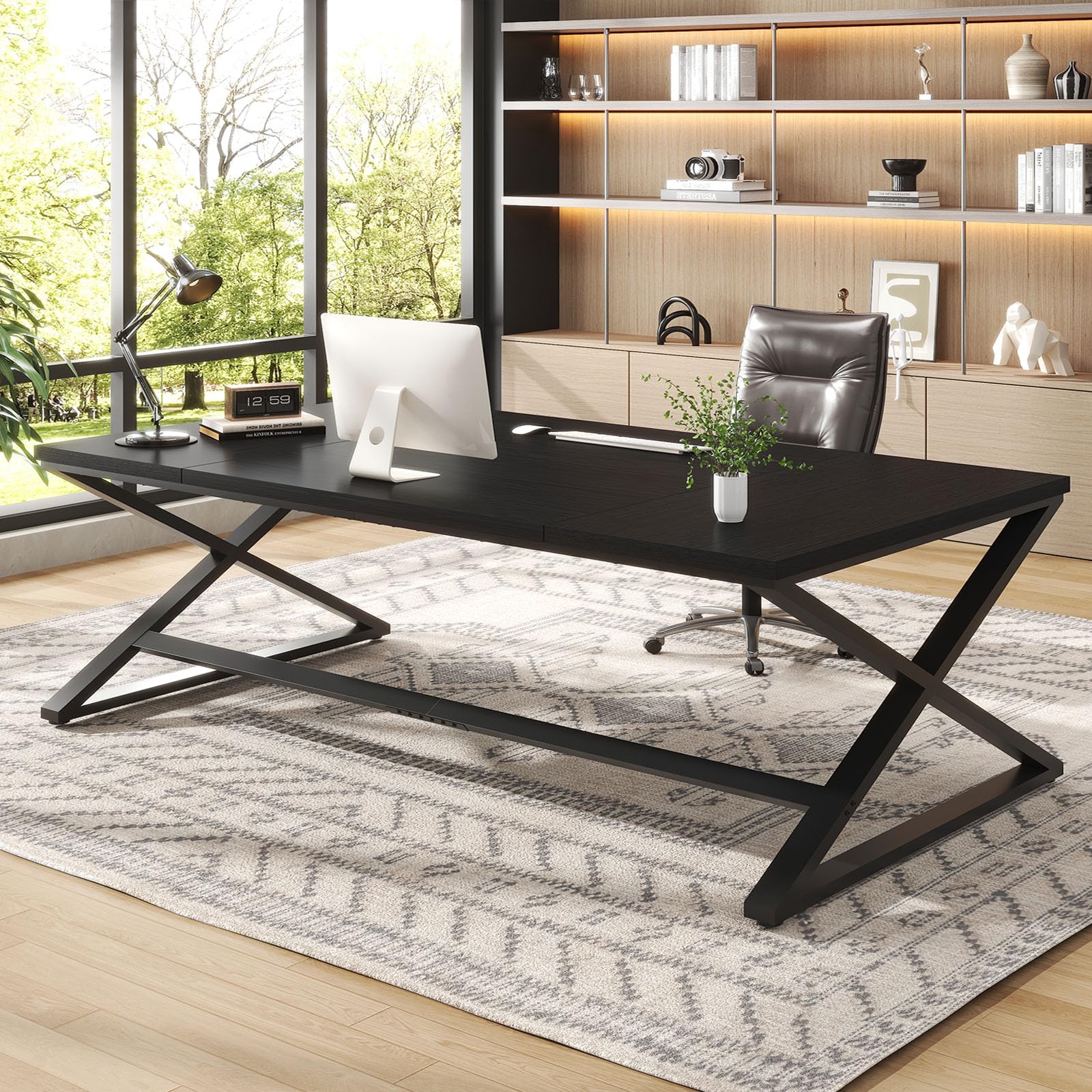 IBF Black Desk, Large Home Office Work Desk, 78.7” Long Computer Desks, Simple Wide Study Writing Desk, Wood Metal Double PC Executive Workstation