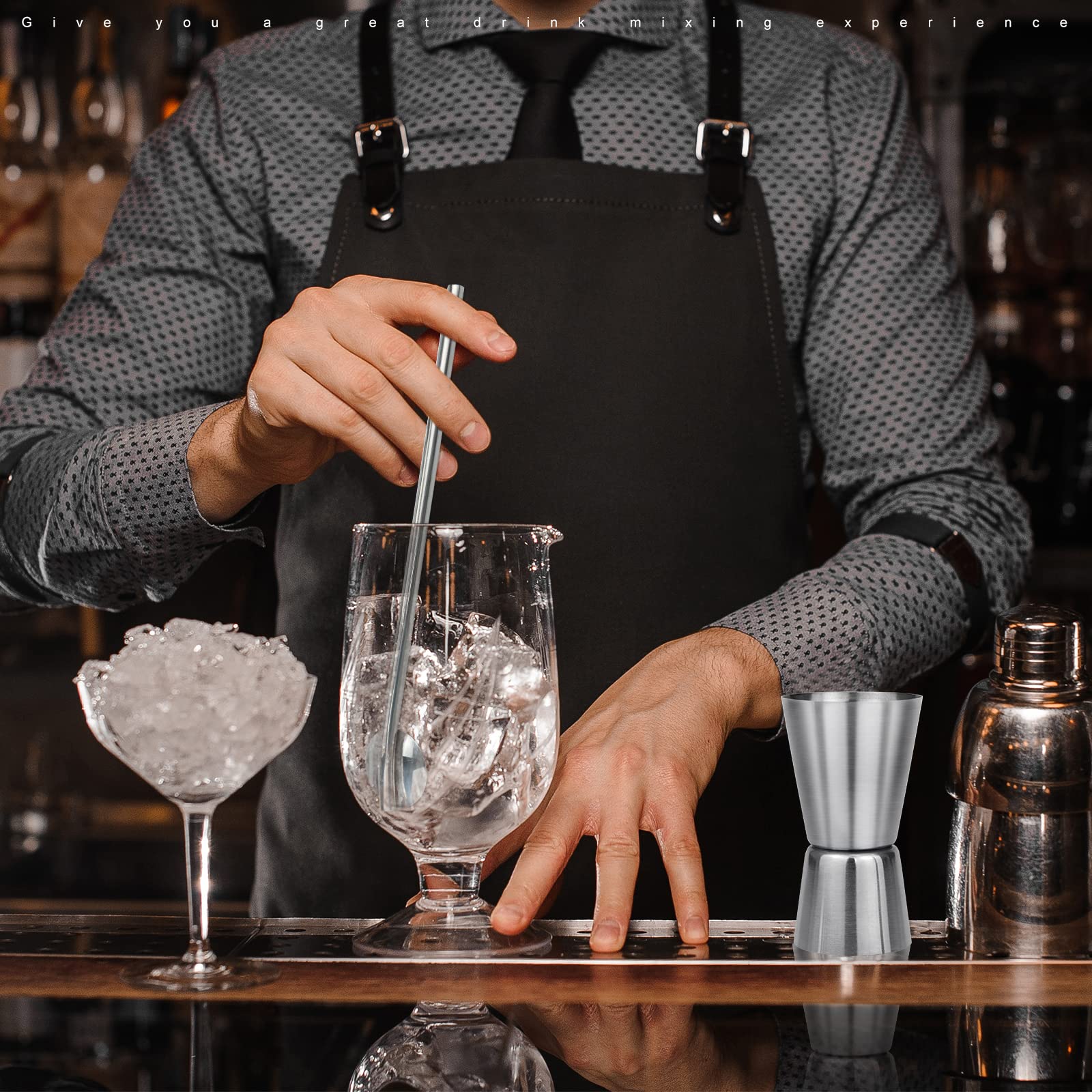 Juego de 4 accesorios de cóctel, mojito, cuchara mezcladora, clip de hielo y vaso medidor