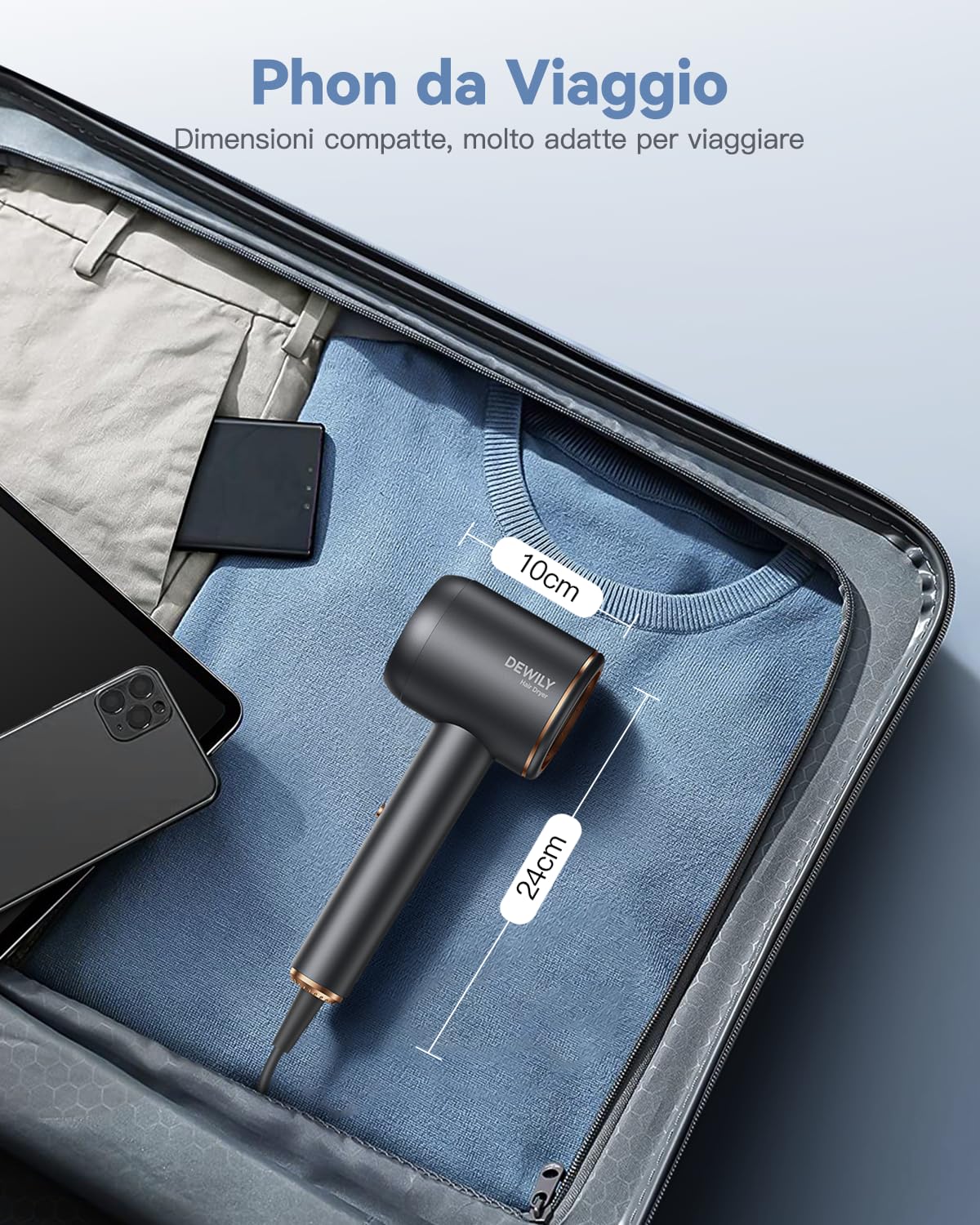 Ionico Phon Capelli con Diffusore - DEWILY 1800W Asciugatura Rapida Asciugacapelli Domestico Phon Capelli Professionale, 2 Velocità/4 Temperature, Potente Portatile Piccolo Phon da Viaggio
